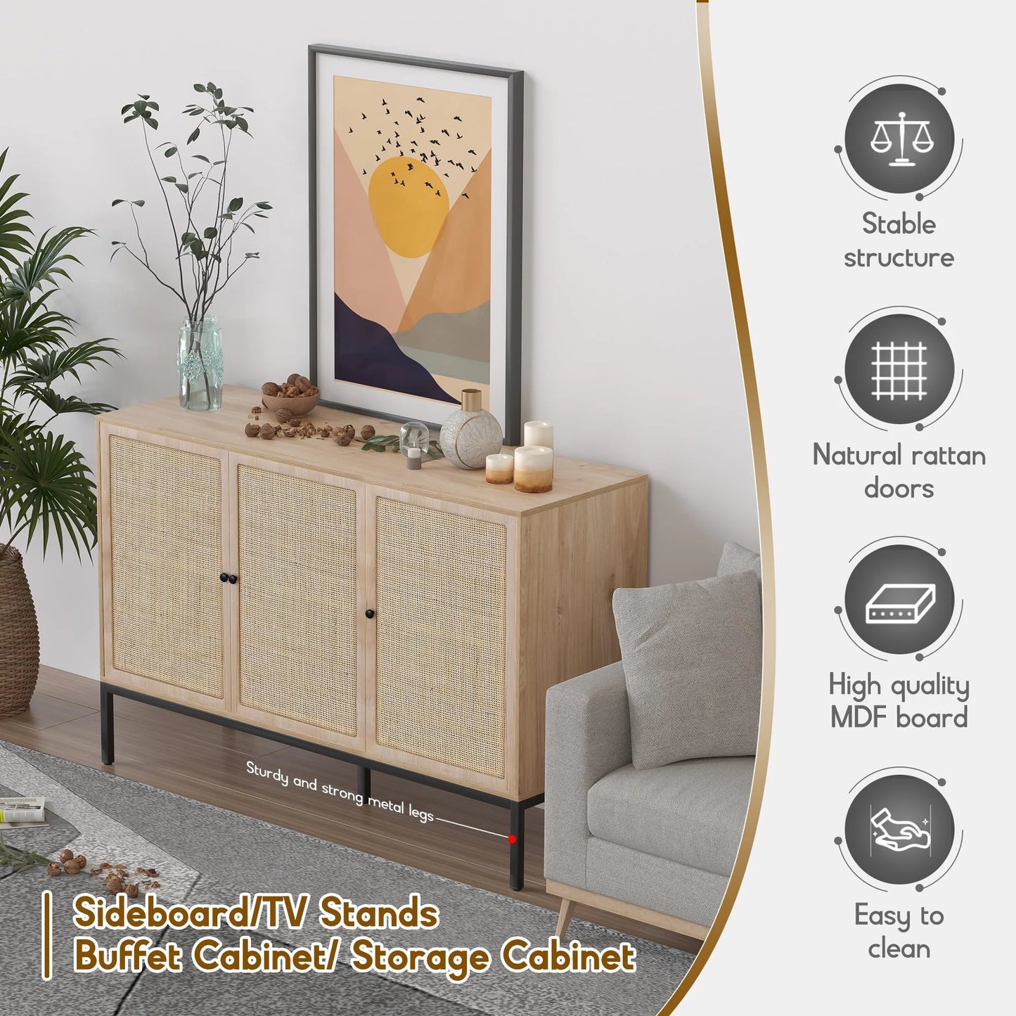 Brafabhome Sideboard Storage Cabinet with Handmade Natural Rattan Doors, Buffet Cabinet with Storage, for Living Room, Dining Room, Entryway, Kitchen
