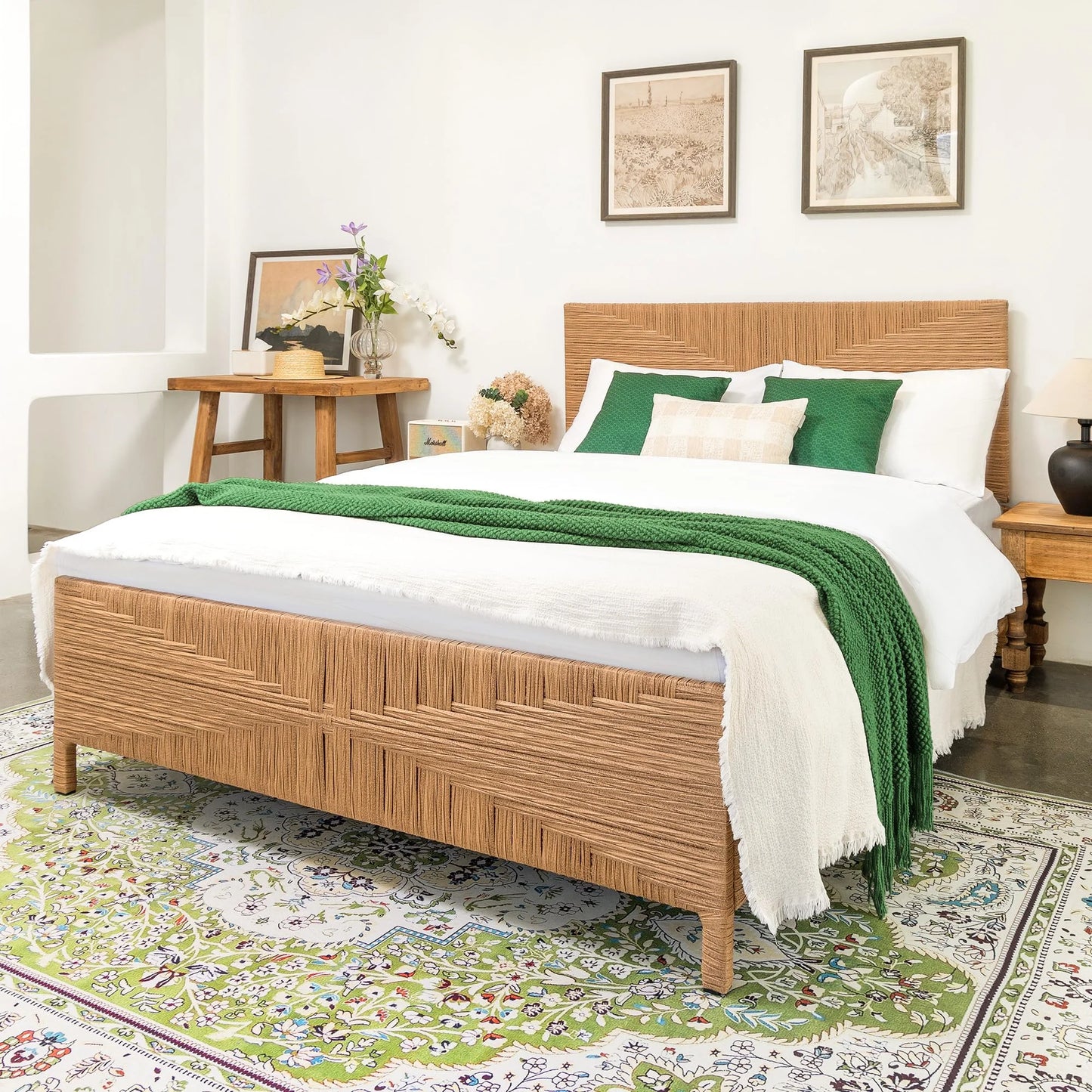 Brafabhome Rattan Queen Bed Frame with Headboard and Footboard