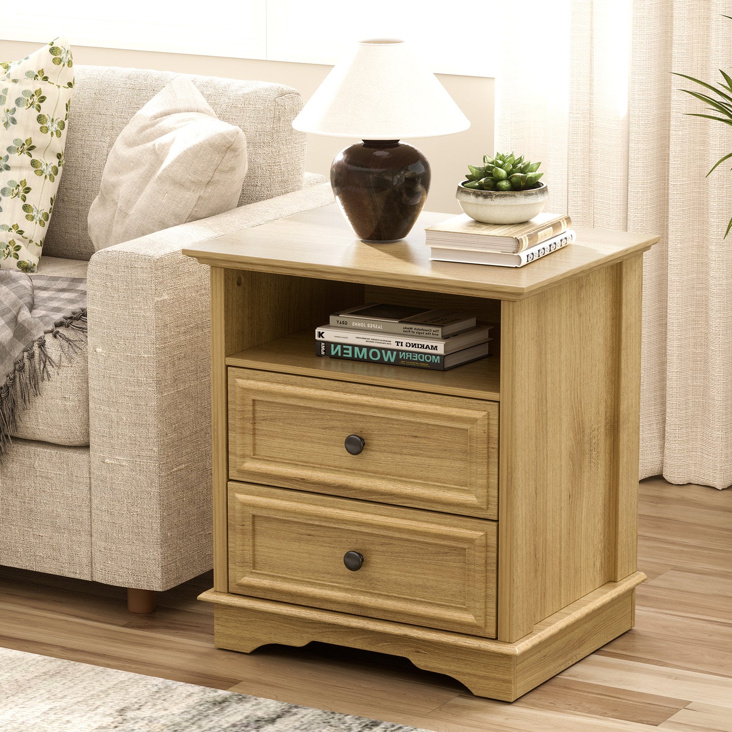 Brafabhome Farmhouse Mid Century Modern Nightstand, 2-Drawer 25" Tall Wood