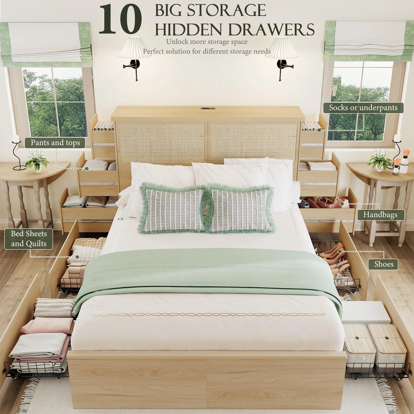 Brafabhome Boho Rattan Queen Beds with Charging Station Headboard, Farmhouse Wood Bed Frames With 10 Storage Drawers for Bedroom Apartment Hotel, No Box Spring Needed