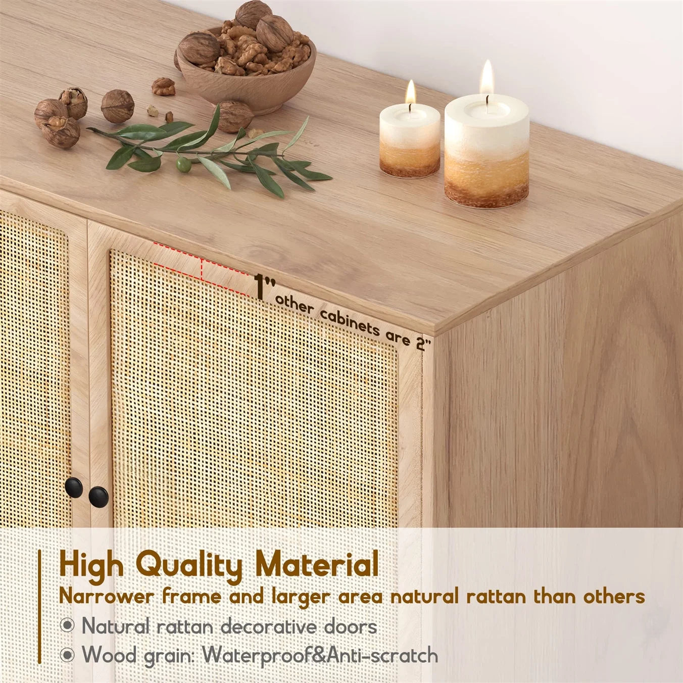 Brafabhome Sideboard Storage Cabinet with Handmade Natural Rattan Doors, Buffet Cabinet with Storage, for Living Room, Dining Room, Entryway, Kitchen