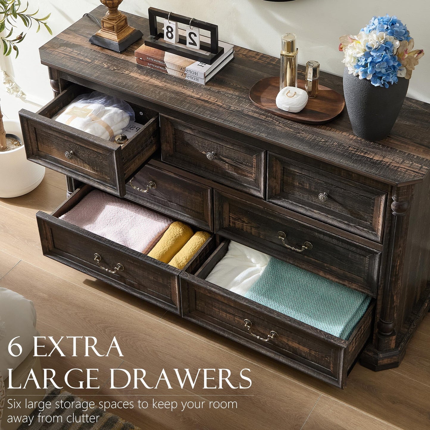 6 Drawer Dresser for Bedroom with Shelves Storage, 47'' Wide Farmhouse Thickened Wood Chest of Drawers, 35'' Tall Mid Century Modern Dressers Organizer for Living Room, Closet, Hallway