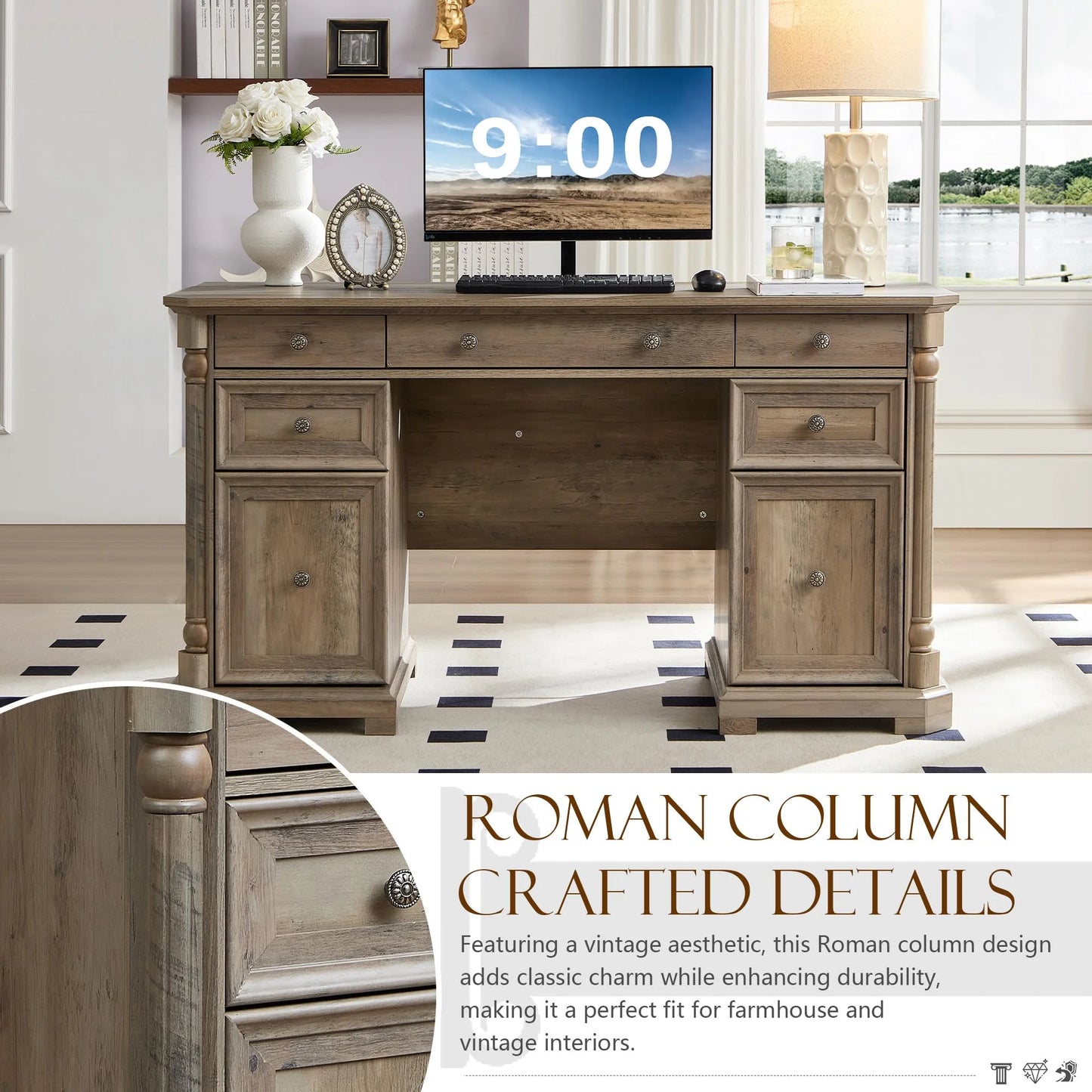 Brafabhome Executive Desk Computer Writing Desks with Charging Station, 55 x 20.5 in, Weathered Reclaimed Oak