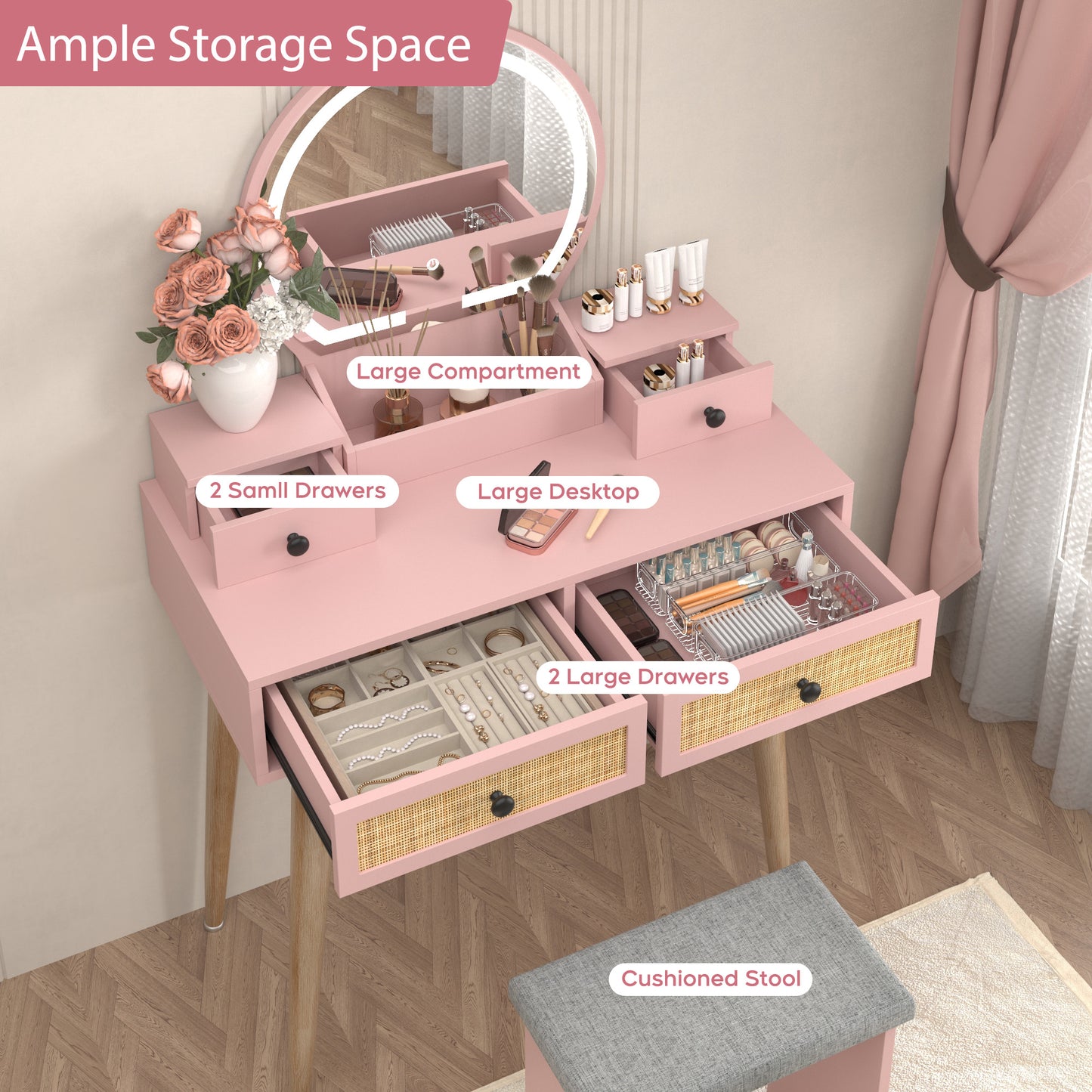Brafabhome Vintage Boho Vanity Table Set with Adjustable Lighted Mirror and Stool, Modern Dressing Table Set with Drawers and Storage Shelves for Makeup Room Bedroom | Green
