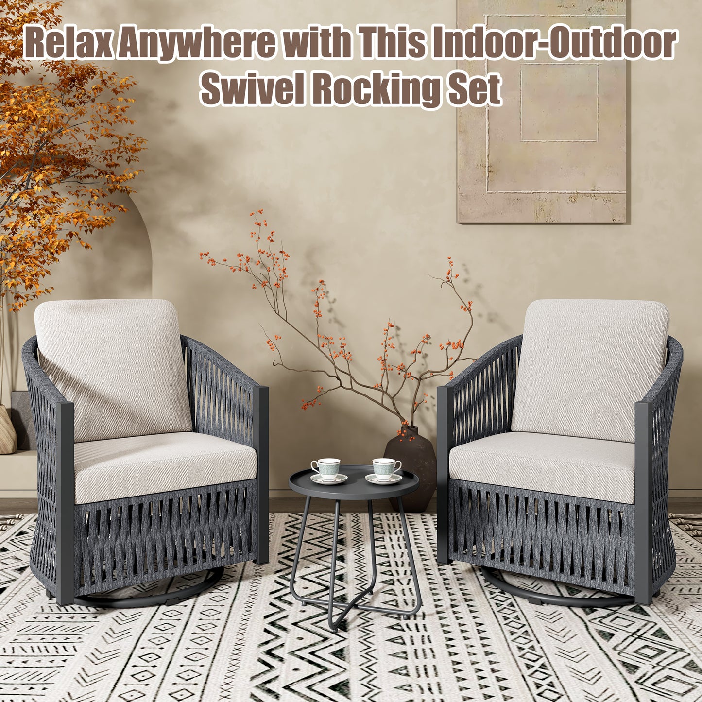 Brafabhome 2 Pieces Patio Furniture Set, Outdoor Swivel Gliders Rocker with Metal Side Table, Wicker Patio Bistro Set for Balcony Porch Deck Backyard | Gray