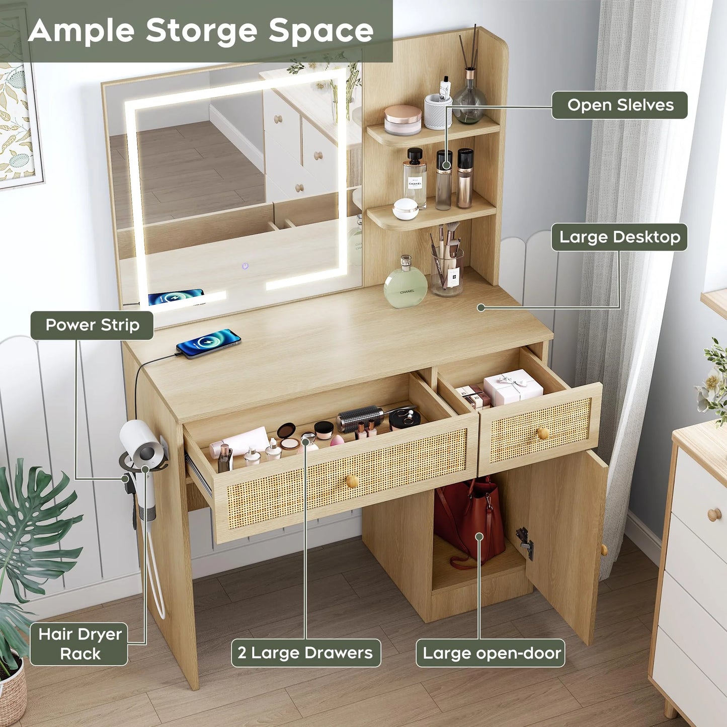 Brafabhome Vintage Boho Vanity Table Set with Adjustable Lighted Mirror and Stool, Modern Dressing Table Set with Drawers and Storage Shelves for Makeup Room Bedroom | Green