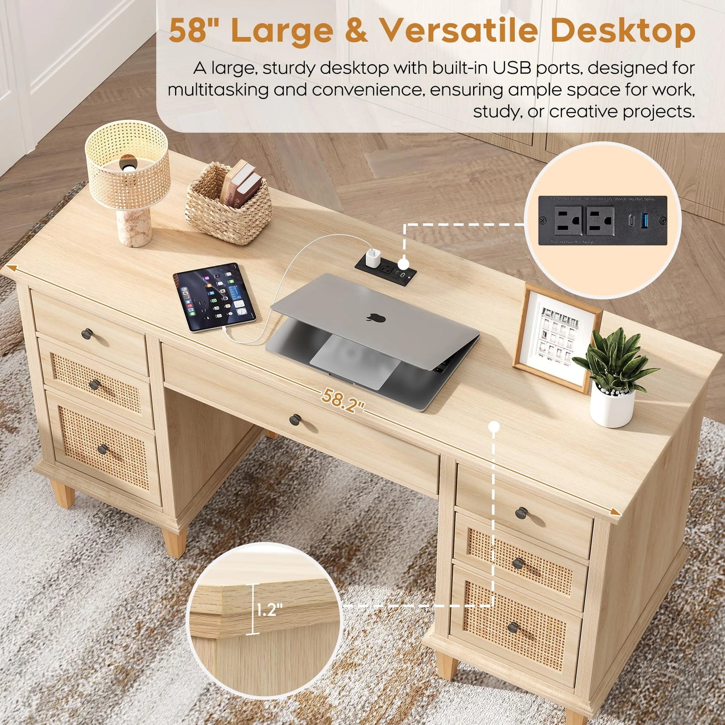Brafabhome 58"Wood Executive Desk with 7 Storage Drawers Modern Natural Rattan Home Office Computer Desks with Charging Station