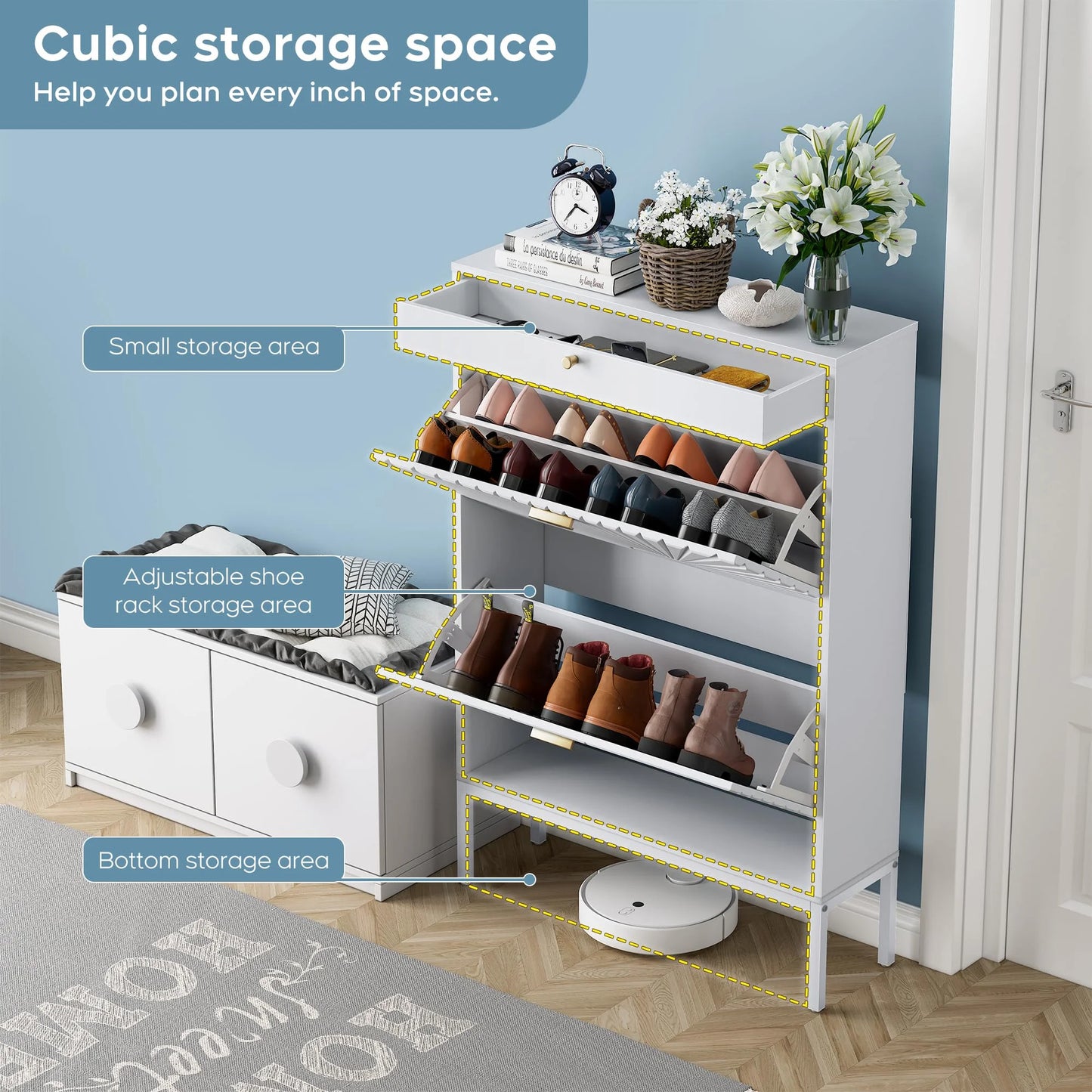 Brafabhome Shoe Storage Cabinet Slim Entryway Shoe Organizer with Half linear Circle Doors