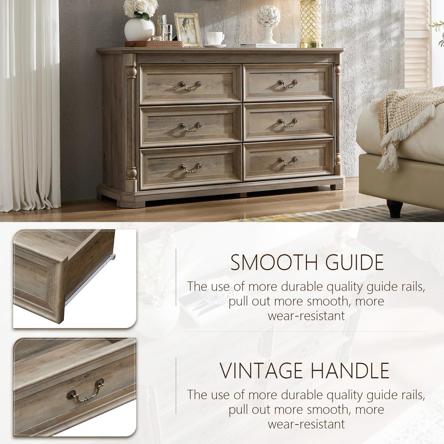 6 Drawer Dresser for Bedroom with Shelves Storage, 47'' Wide Farmhouse Thickened Wood Chest of Drawers, 35'' Tall Mid Century Modern Dressers Organizer for Living Room, Closet, Hallway