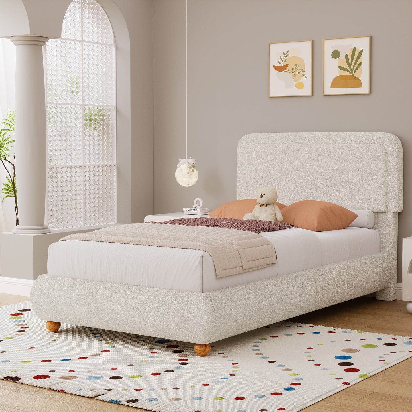 Brafabhome Twin Size Bed Frame with Round Corner Headboard, Soft Boucle Cloud Upholstered Fluffy Platform Bed with Bump-Proof Edge Footboard for Kids, No Box Spring Needed | Pink