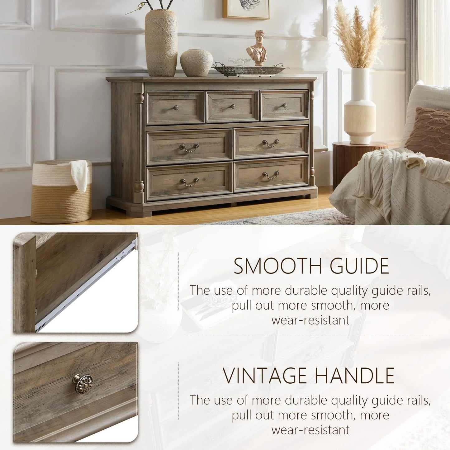 6 Drawer Dresser for Bedroom with Shelves Storage, 47'' Wide Farmhouse Thickened Wood Chest of Drawers, 35'' Tall Mid Century Modern Dressers Organizer for Living Room, Closet, Hallway