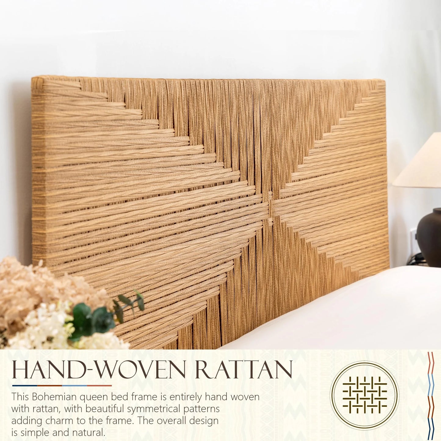 Brafabhome Rattan Queen Bed Frame with Headboard and Footboard