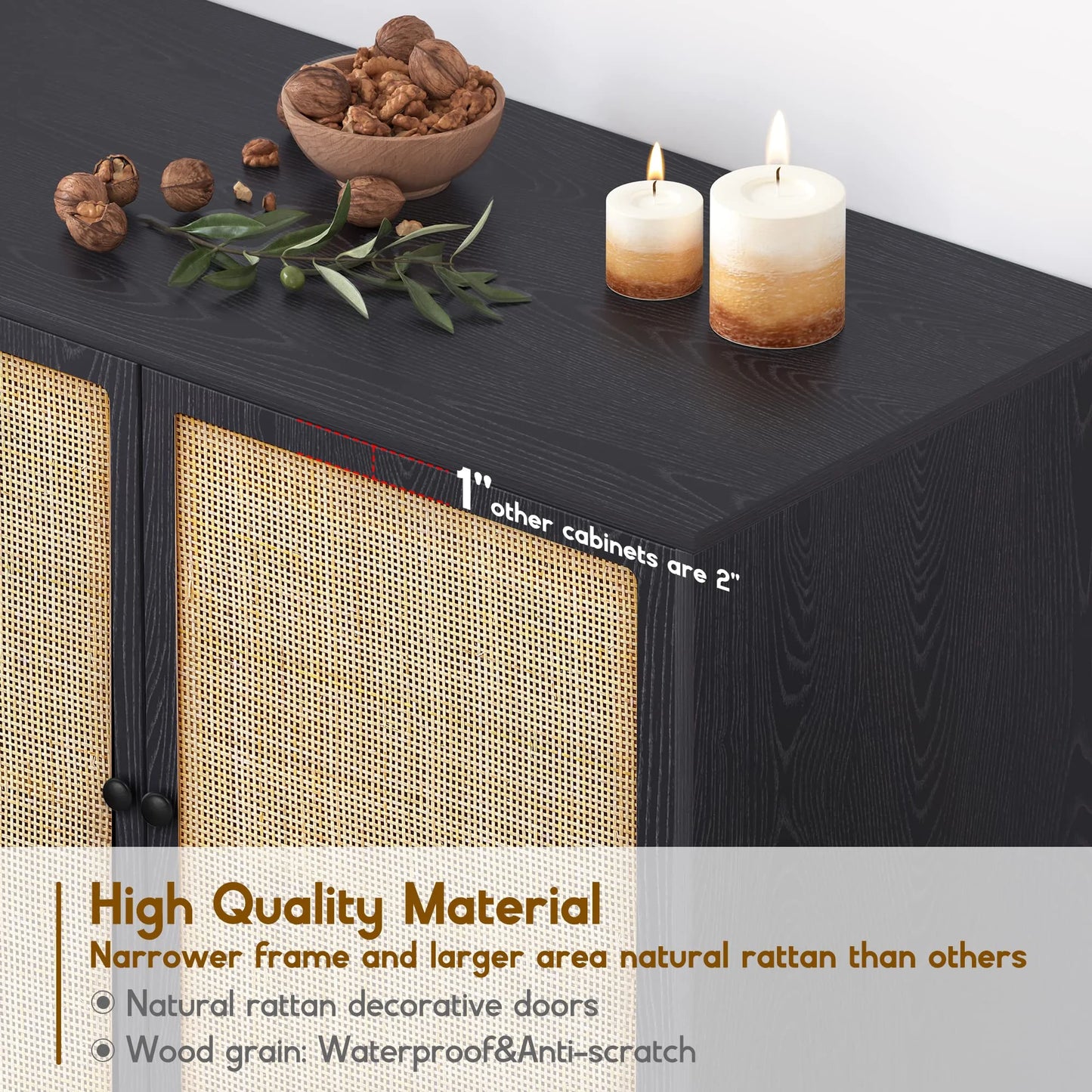 Brafabhome Sideboard Storage Cabinet with Handmade Natural Rattan Doors, Buffet Cabinet with Storage, for Living Room, Dining Room, Entryway, Kitchen