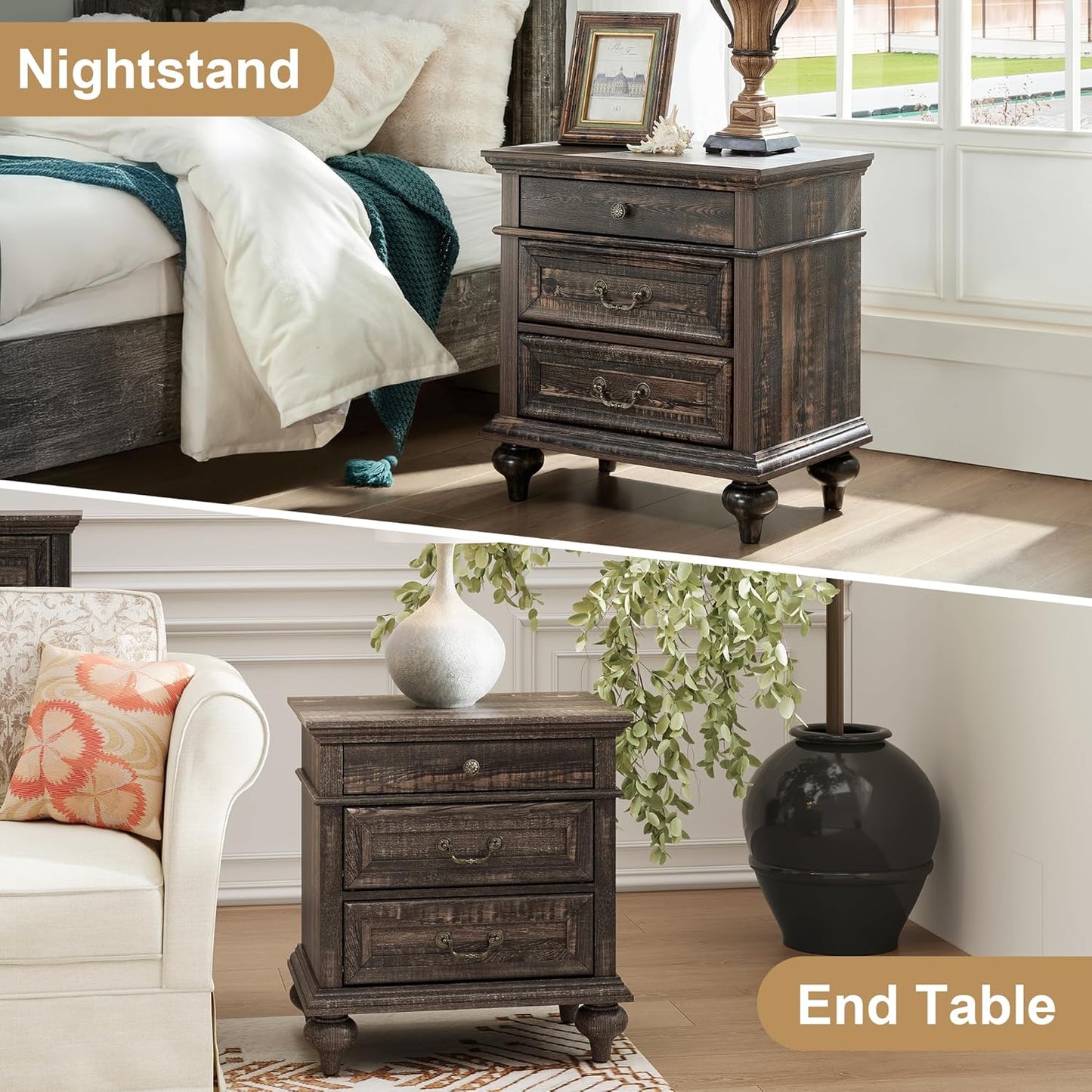 3 Drawers Farmhouse Rustic Thickened Wood Nightstands