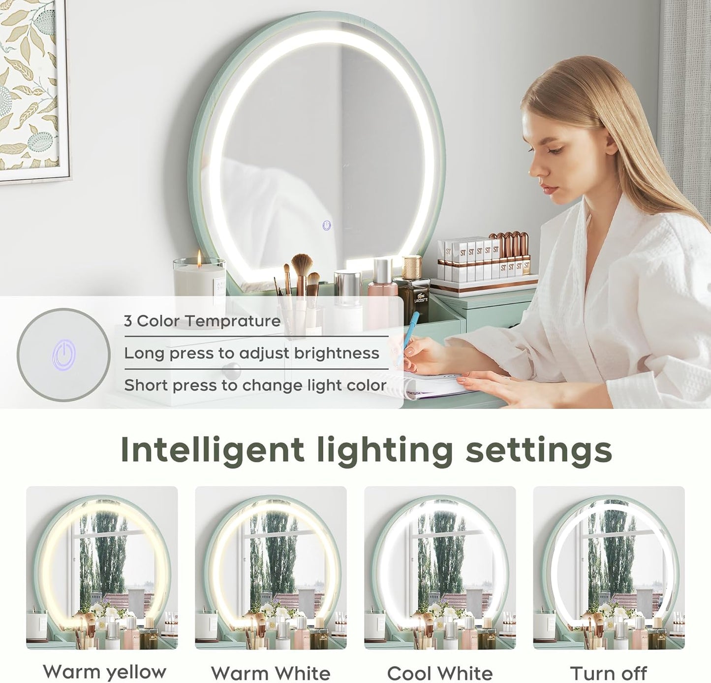 Brafabhome Vintage Boho Vanity Table Set with Adjustable Lighted Mirror and Stool, Modern Dressing Table Set with Drawers and Storage Shelves for Makeup Room Bedroom | Green