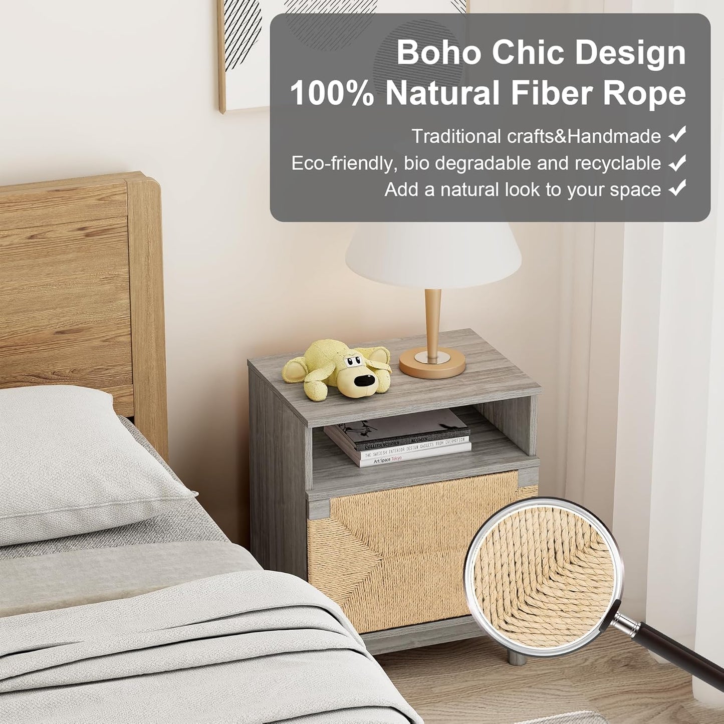 brafabhome Bohemian Rattan Nightstand Set of 2, Wood Bedside Table with Drawers for Bedroom Living Room, Beige