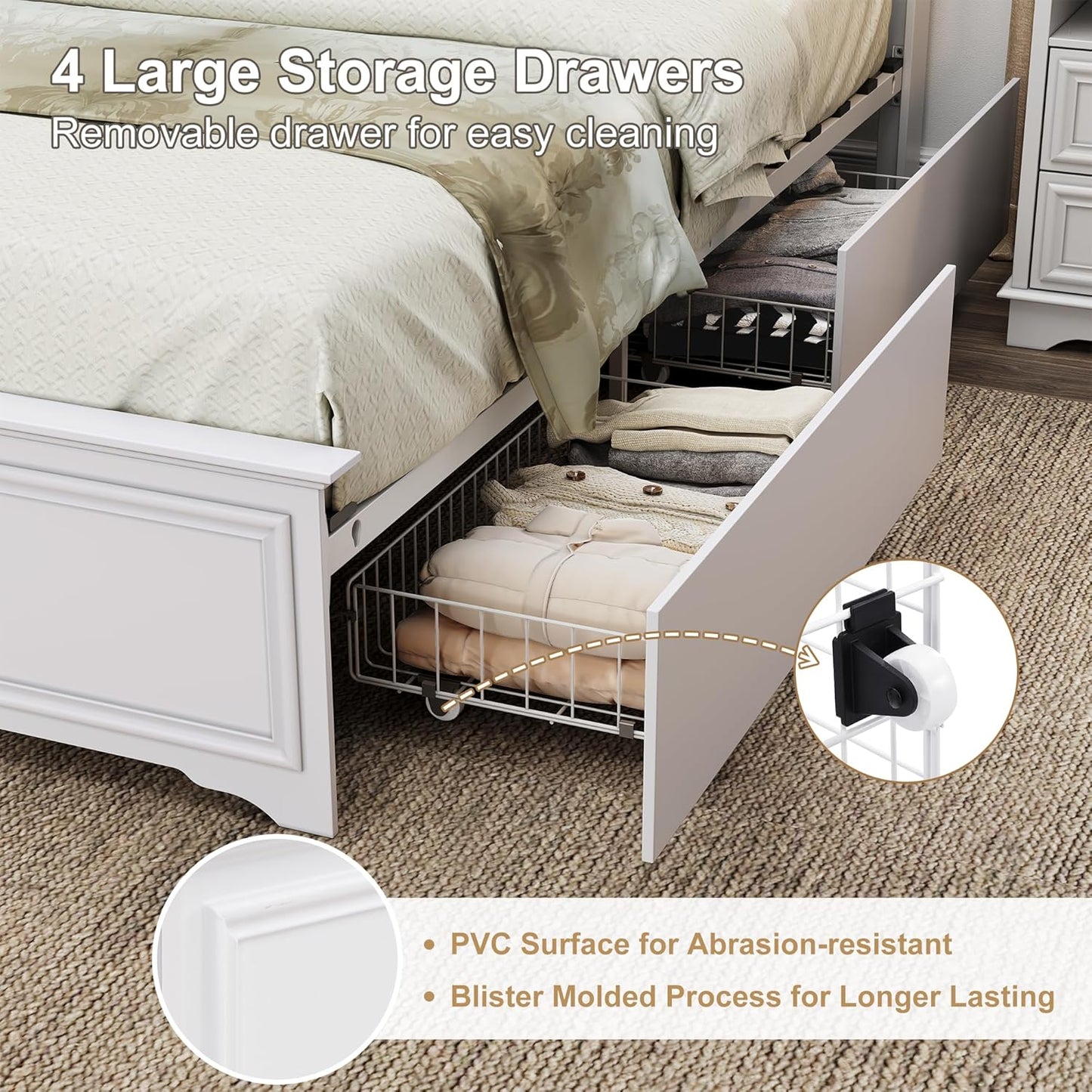 Brafabhome Mid-Century Wood Queen Bed Frame with 4 Storage Drawers, Rustic High Headboard Queen Size Platform Bed Frame for Bedroom Hotel Apartment, No Box Spring Needed