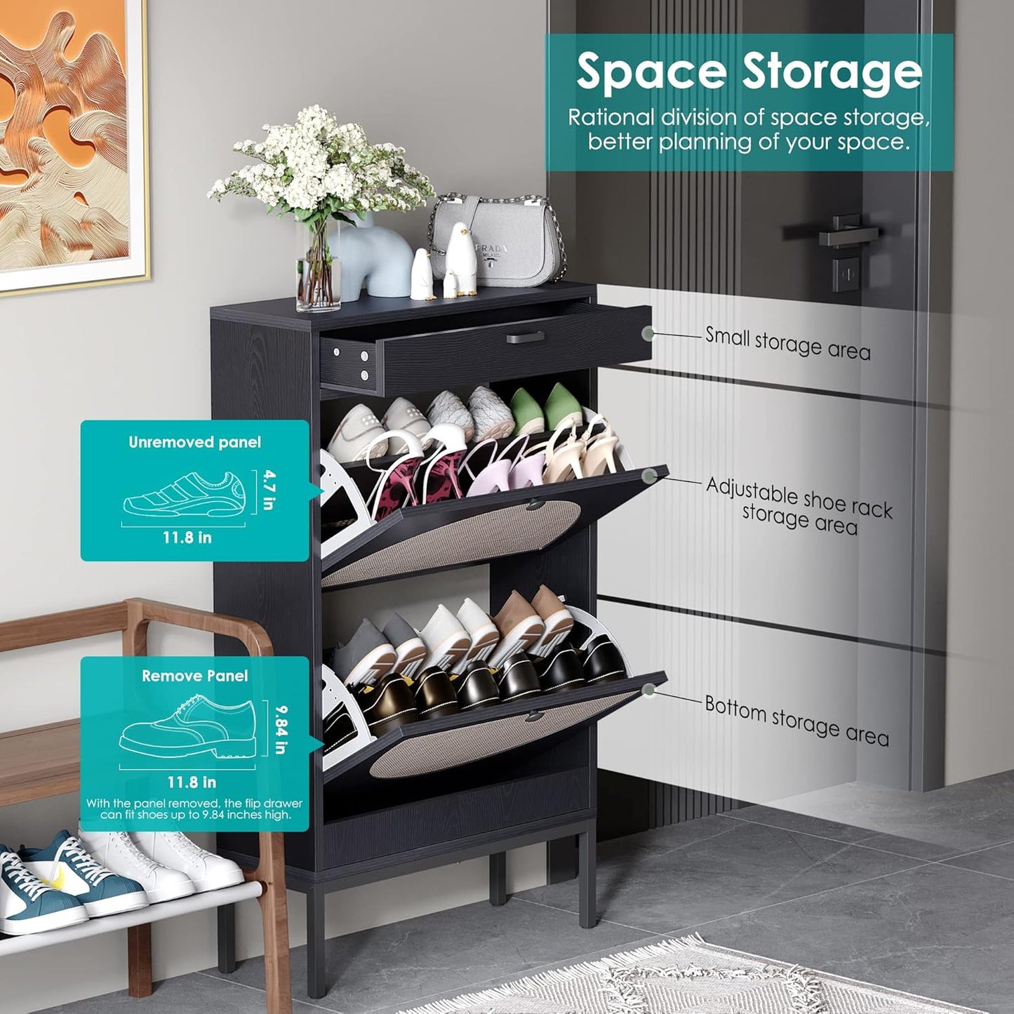 Wooden Entryway Storage Shoe Cabinet with Rattan Doors