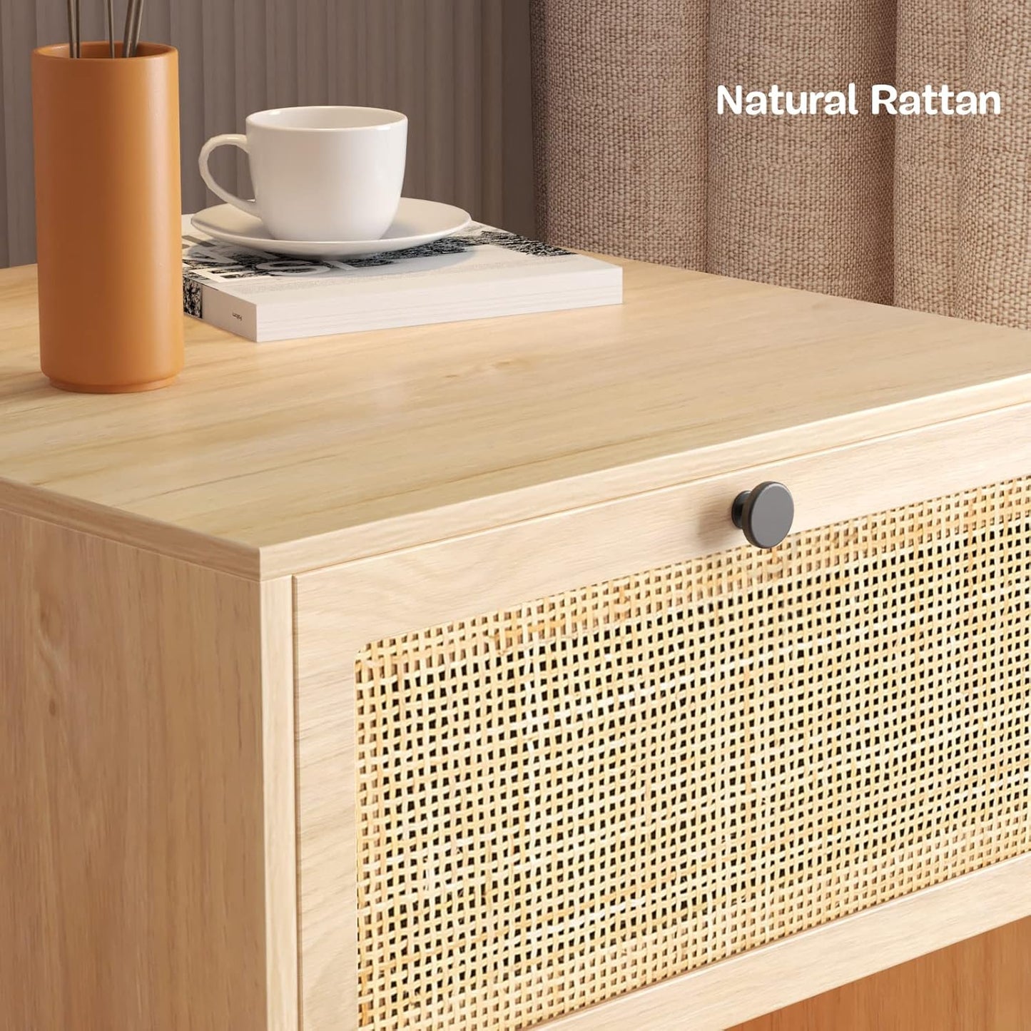 brafabhome Bohemian Rattan Nightstand Set of 2, Wood Bedside Table with Drawers for Bedroom Living Room, Beige