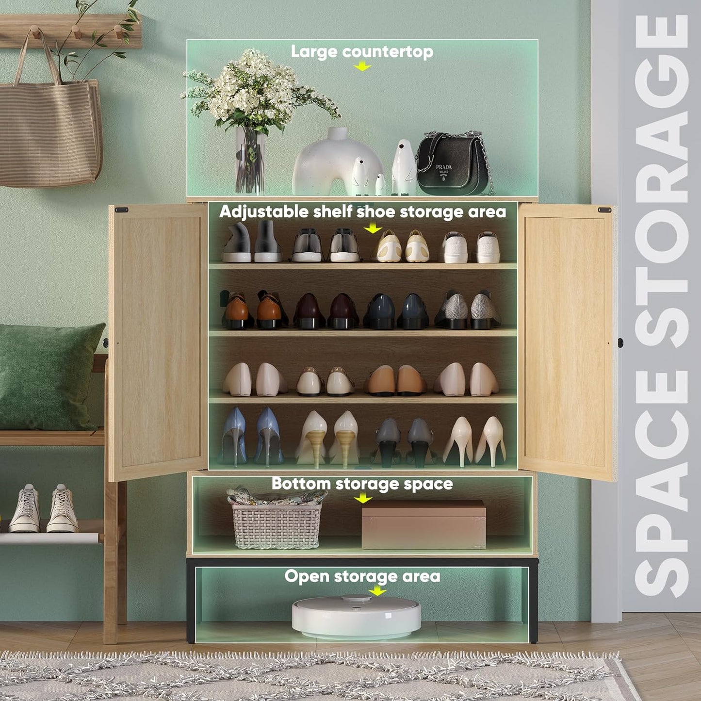 Brafabhome 5-Tier Natural Rattan Entryway Shoe Storage Cabinet with Doors