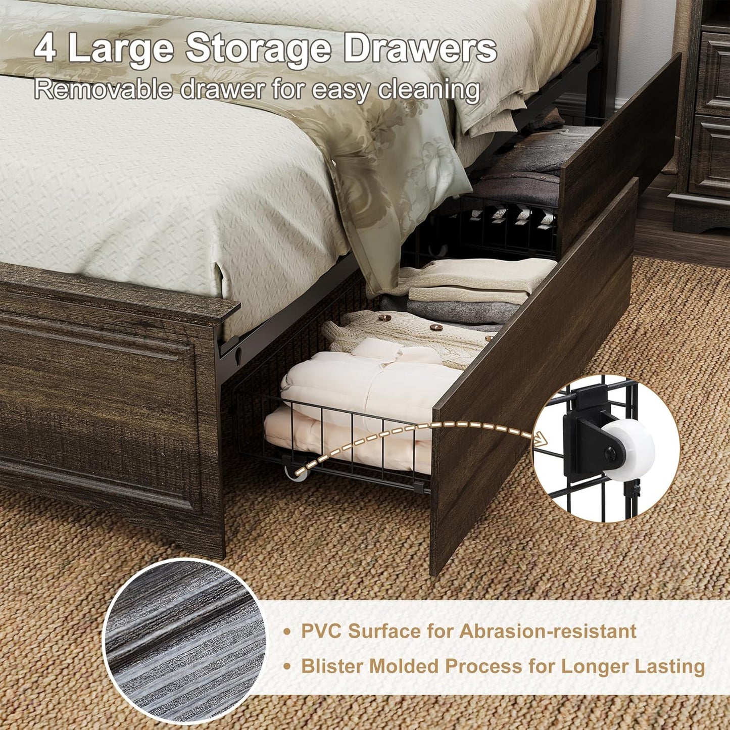 Brafabhome Mid-Century Wood Queen Bed Frame with 4 Storage Drawers, Rustic High Headboard Queen Size Platform Bed Frame for Bedroom Hotel Apartment, No Box Spring Needed