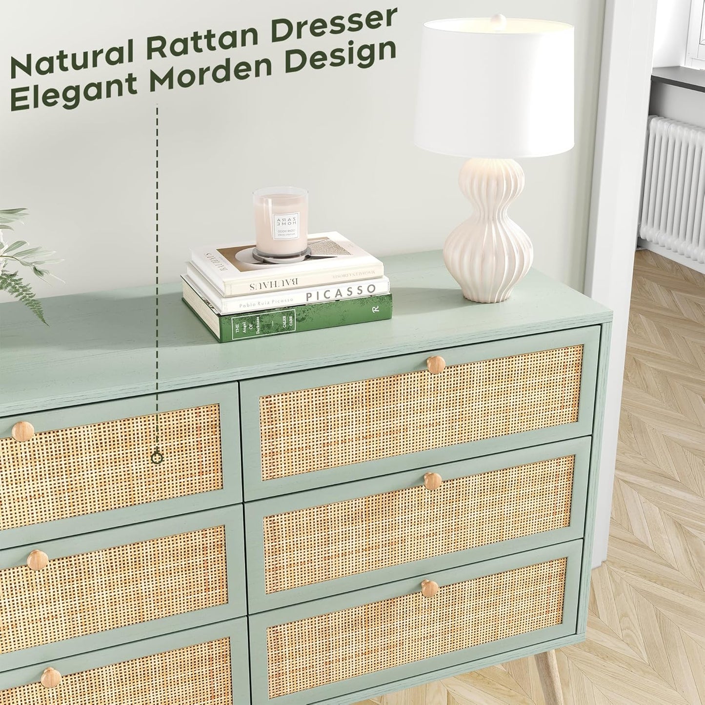 Brafabhome Mid-Century Modern Dresser with Hand-Woven Natural Rattan, Vintage Green Boho 6 Drawer Double Dresser with Wooden Legs