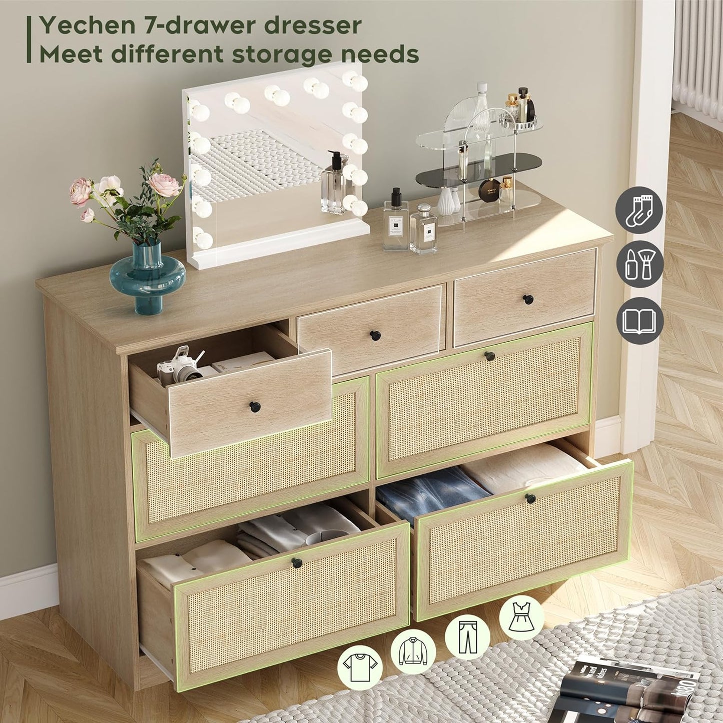 Brafabhome 7 Drawers Natural Rattan Dresser TV Stand Wooden Cane Dressers for Bedroom