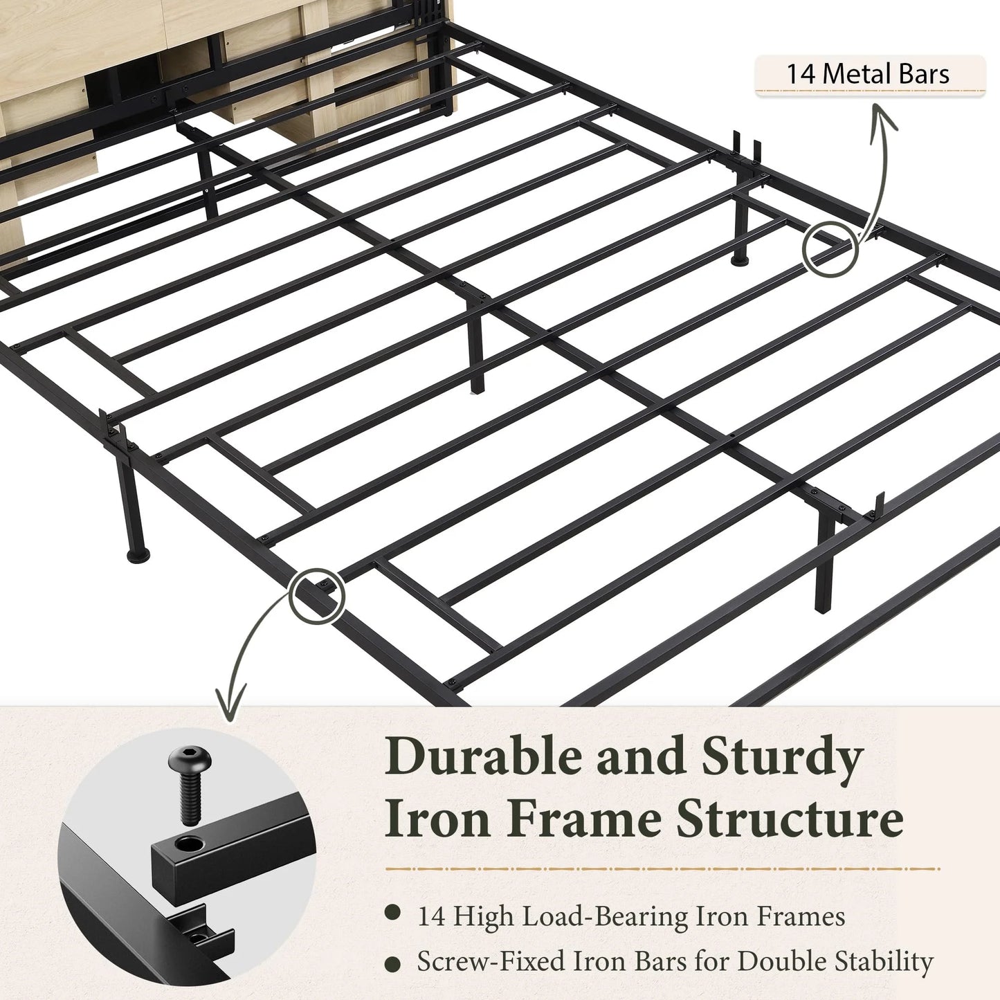 Brafabhome Boho Rattan Queen Beds with Charging Station Headboard, Farmhouse Wood Bed Frames With 10 Storage Drawers for Bedroom Apartment Hotel, No Box Spring Needed
