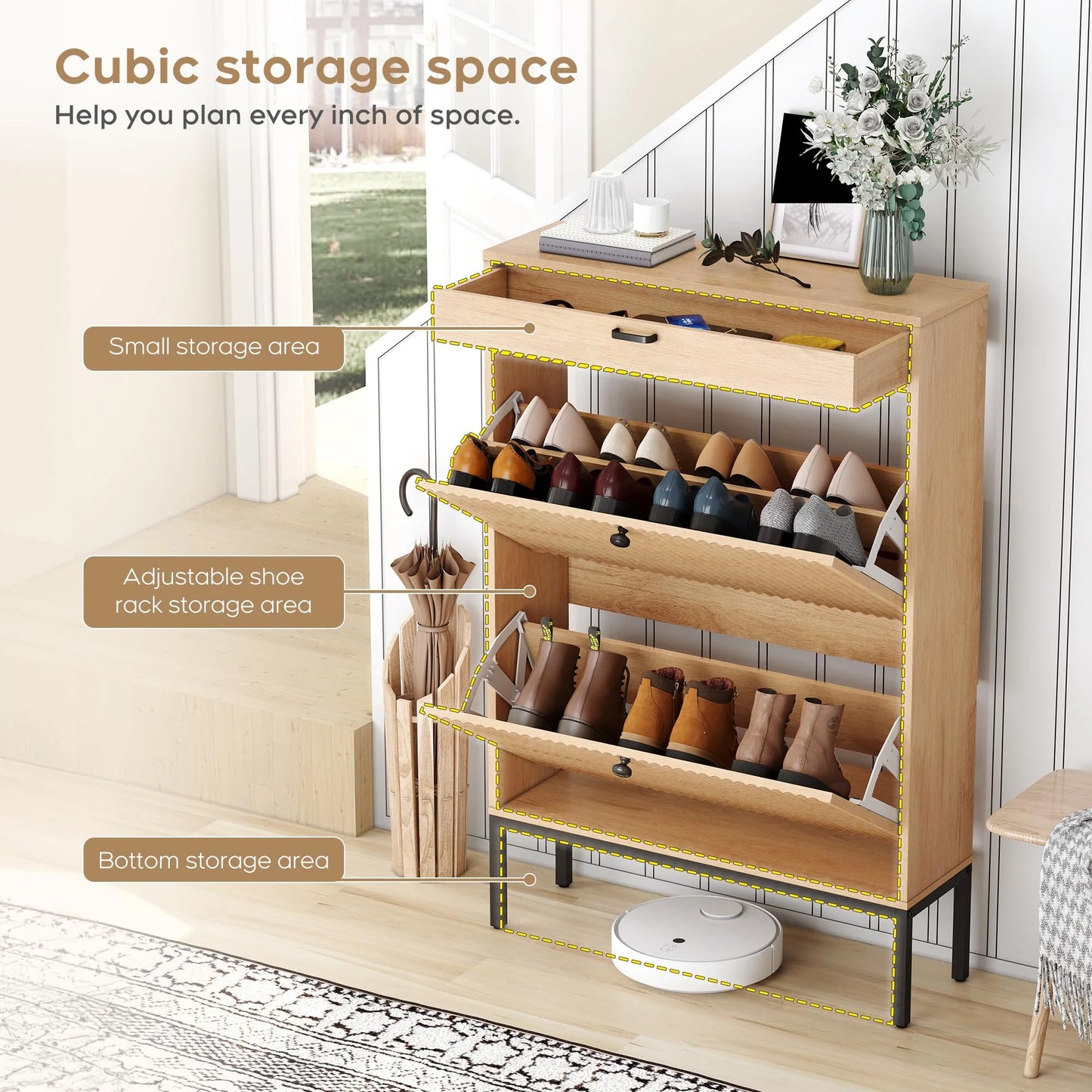Brafabhome Shoe Storage Cabinet Slim Entryway Shoe Organizer with Half linear Circle Doors
