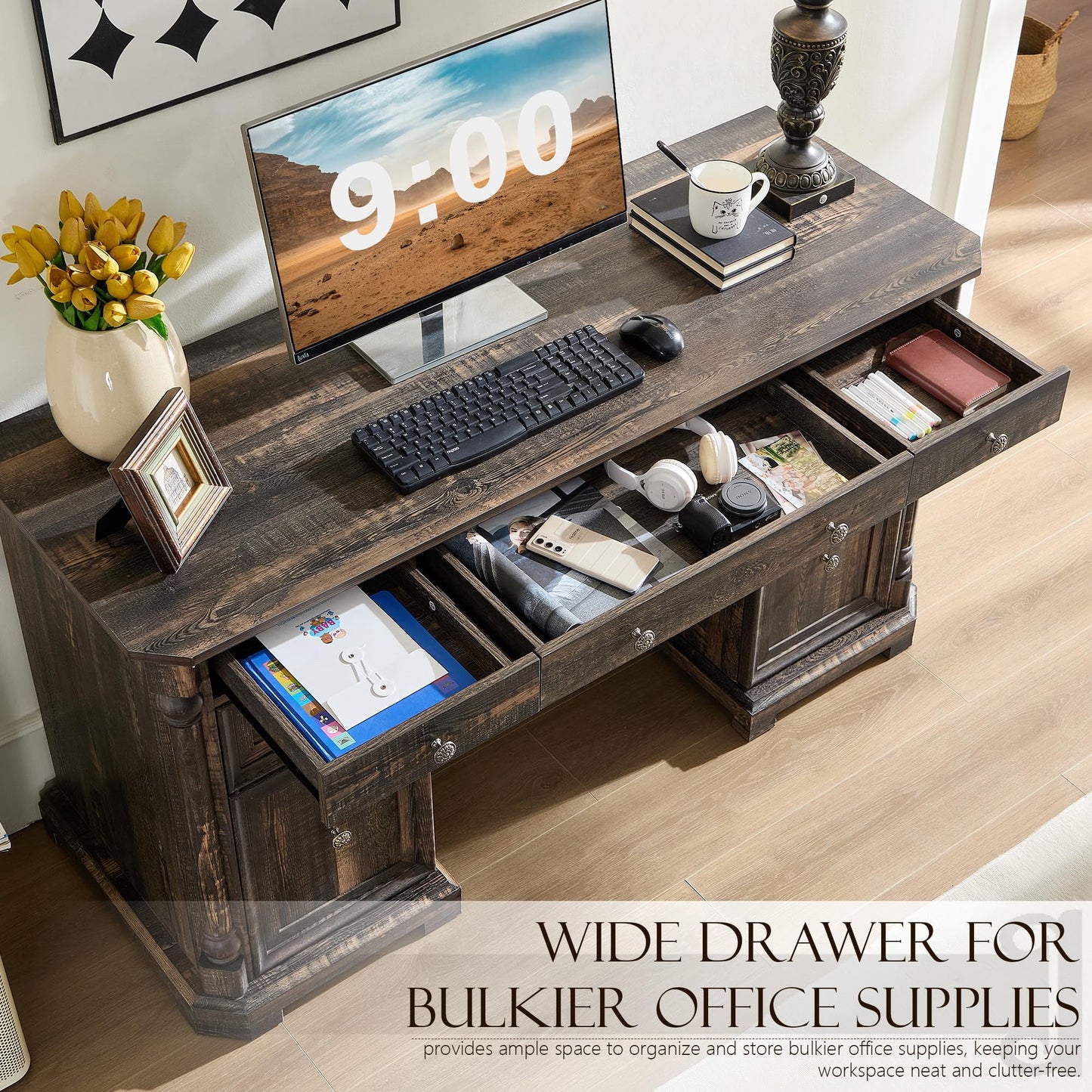 Brafabhome Executive Desk Computer Writing Desks with Charging Station, 55 x 20.5 in, Weathered Reclaimed Oak