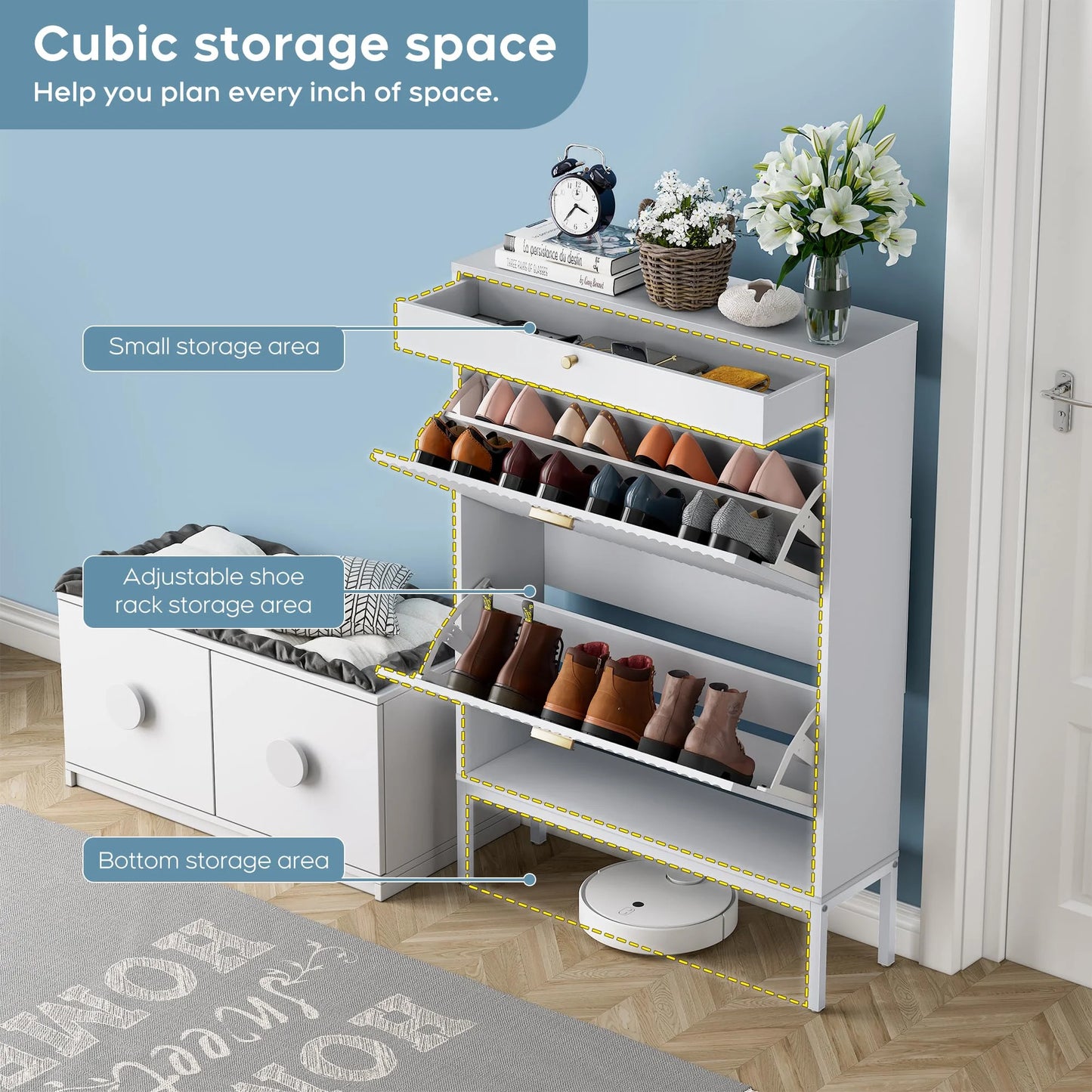 Brafabhome Shoe Storage Cabinet Slim Entryway Shoe Organizer with Half linear Circle Doors