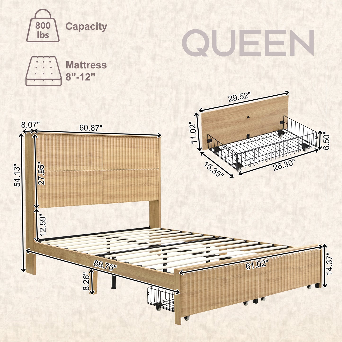 Brafabhome Accent Fluted Queen Bed Frame with Charging Station Headboard, Retro Wood Platform Bed Frame with Solid Wood Leg and 2 Storage Drawers for Bedroom Apartment, No Box Spring Needed