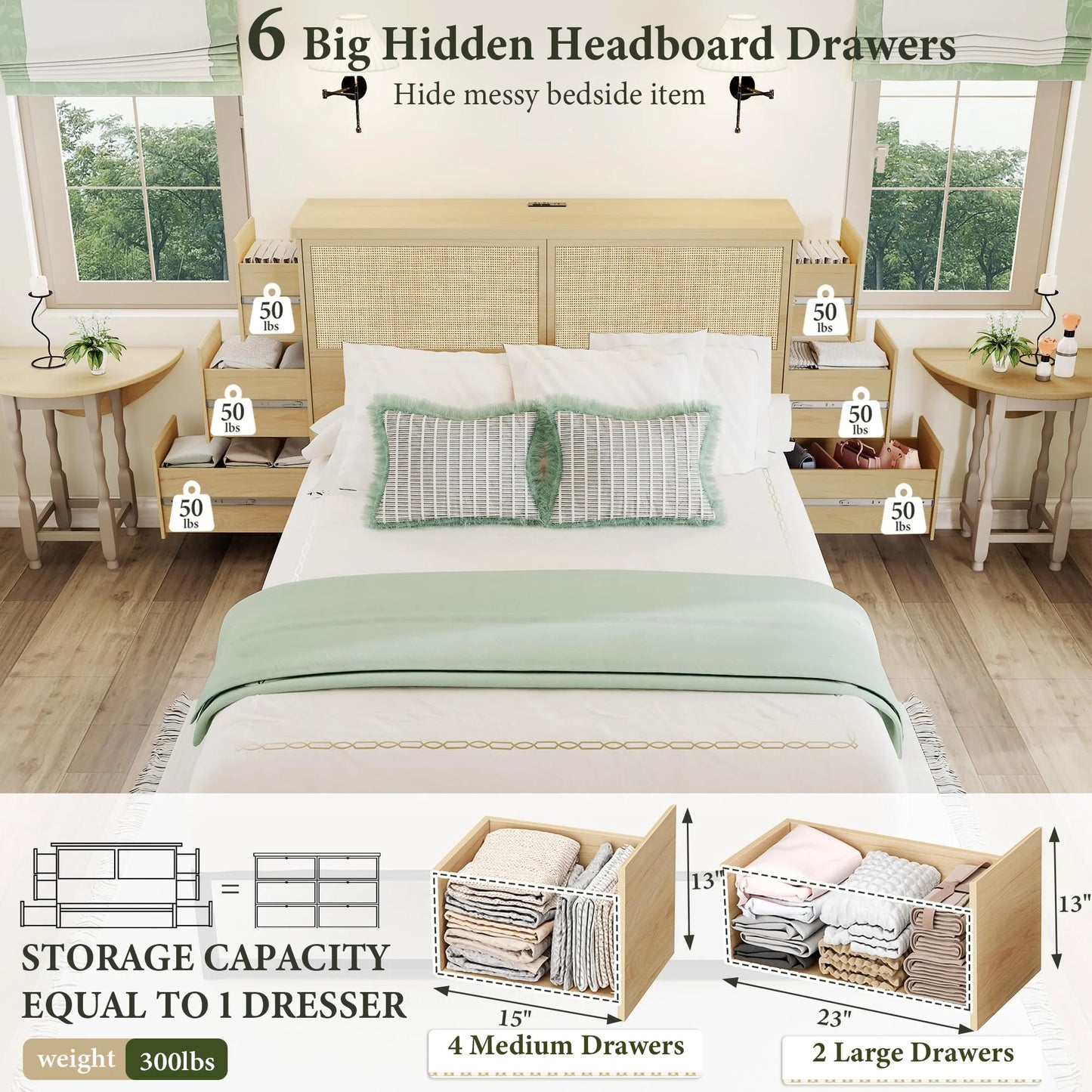 Brafabhome Boho Rattan Queen Beds with Charging Station Headboard, Farmhouse Wood Bed Frames With 10 Storage Drawers for Bedroom Apartment Hotel, No Box Spring Needed