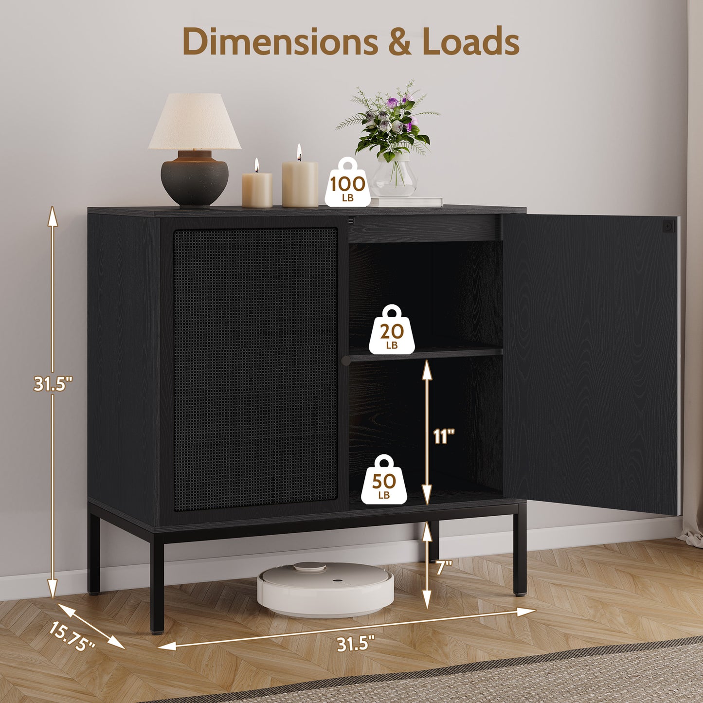 Brafabhome Sideboard Storage Cabinet with Handmade Natural Rattan Doors, Buffet Cabinet with Storage Shelf for Living Room, Dining Room, Entryway, Kitchen