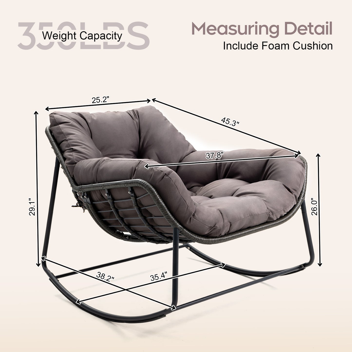 Brafabhome Oversized Patio Rocking Egg Chair with Cushion, 350lbs Heavy Duty Outdoor Rocking Chair, Comfy Recliner for Balcony, Porch, Backyard or Indoor Seating | Grey