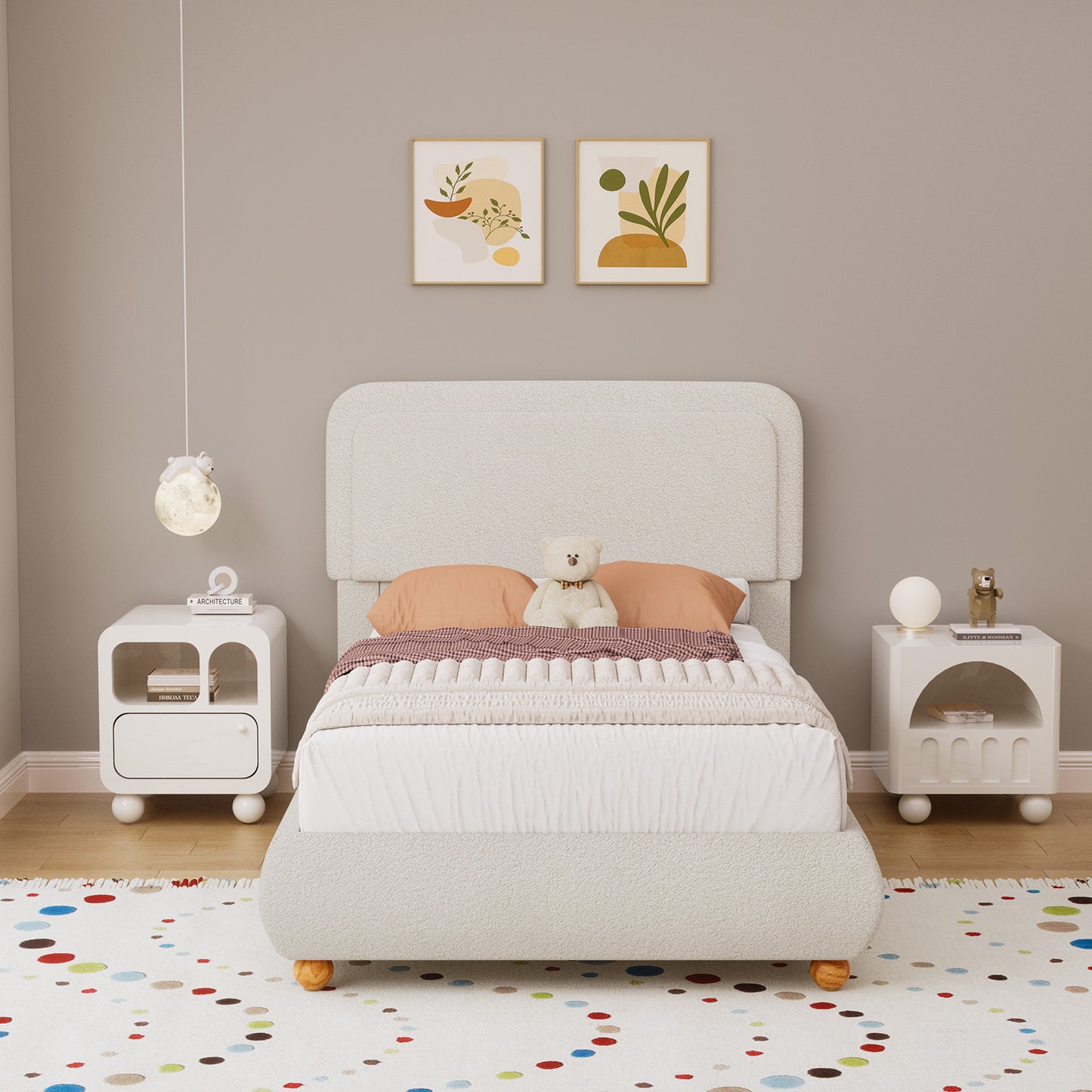 Brafabhome Twin Size Bed Frame with Round Corner Headboard, Soft Boucle Cloud Upholstered Fluffy Platform Bed with Bump-Proof Edge Footboard for Kids, No Box Spring Needed | Pink