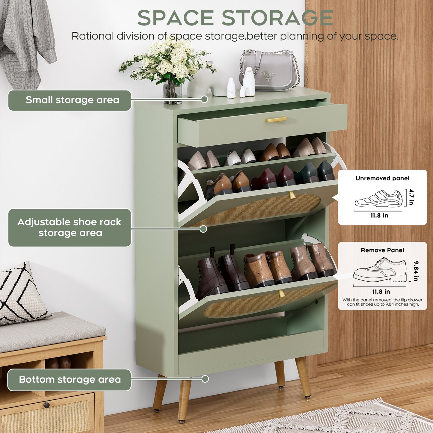 Wooden Entryway Storage Shoe Cabinet with Rattan Doors