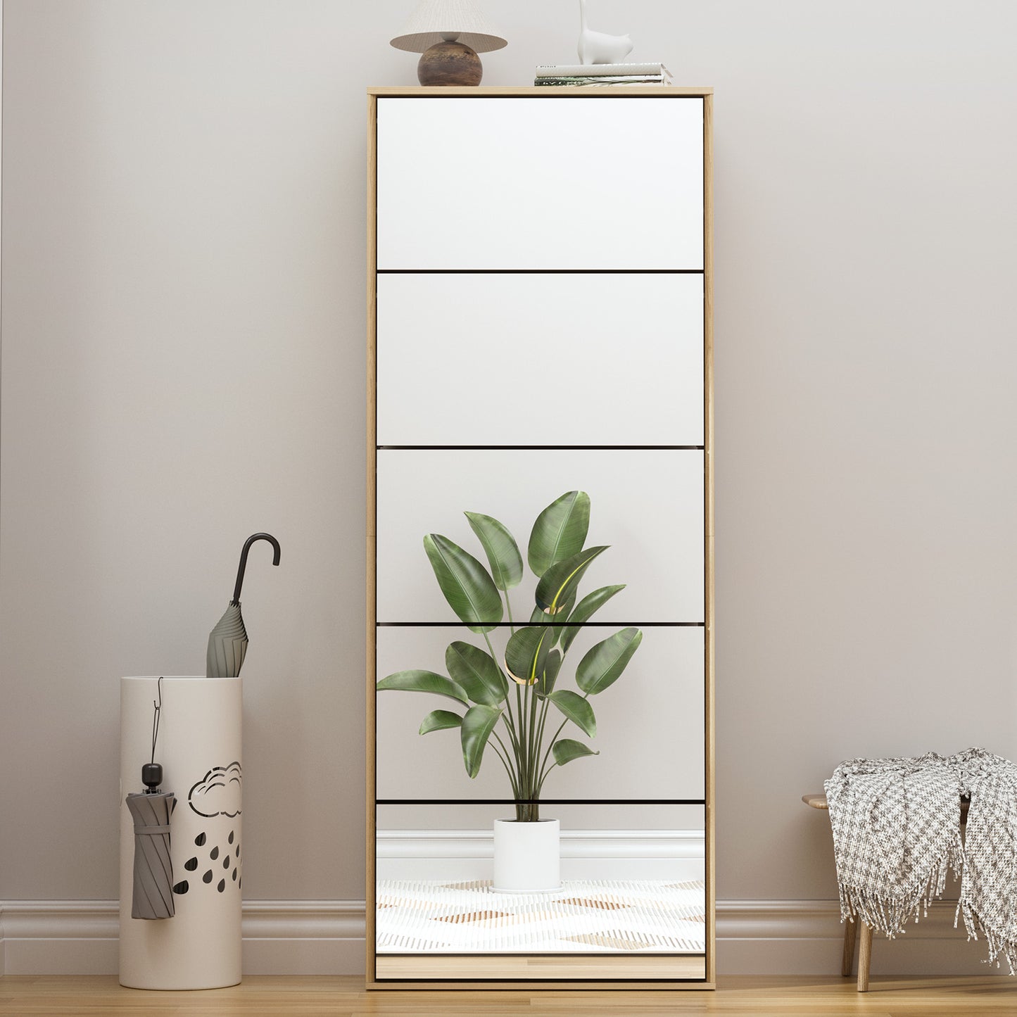 Brafabhome Mirror Shoe Cabinet with 5 Flip Doors, 30-Pairs Shoe Organizer Cabinet for Hallway, Modern Entryway Shoe Storage for Slippers Sneakers | Nature