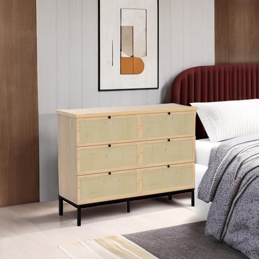 Brafabhome Mid-Century Modern Dresser with Hand-Woven Natural Rattan, Vintage Green Boho 6 Drawer Double Dresser with Wooden Legs