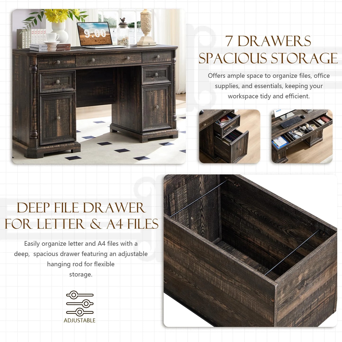 Brafabhome Executive Desk Computer Writing Desks with Charging Station, 55 x 20.5 in, Weathered Reclaimed Oak