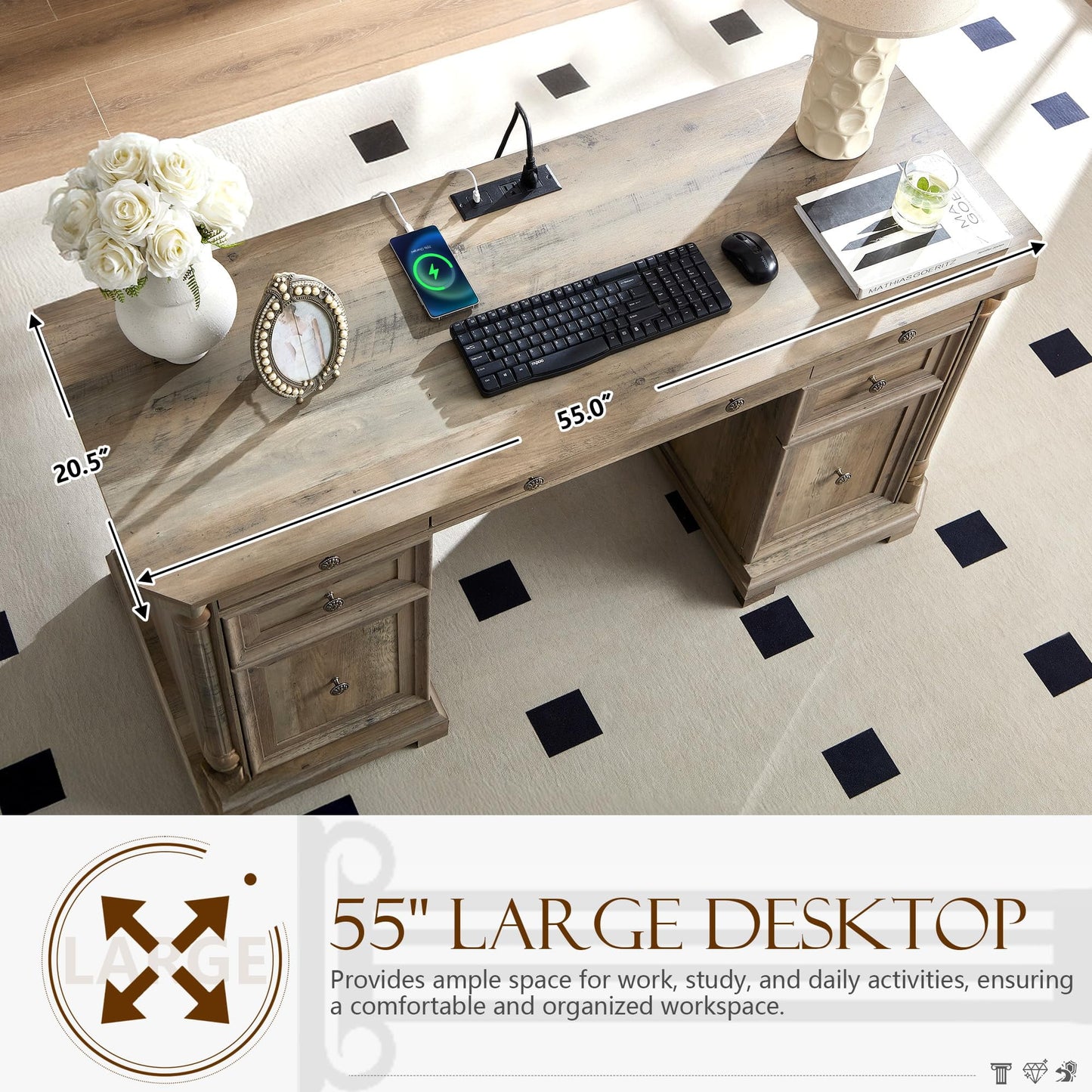 Brafabhome Executive Desk Computer Writing Desks with Charging Station, 55 x 20.5 in, Weathered Reclaimed Oak