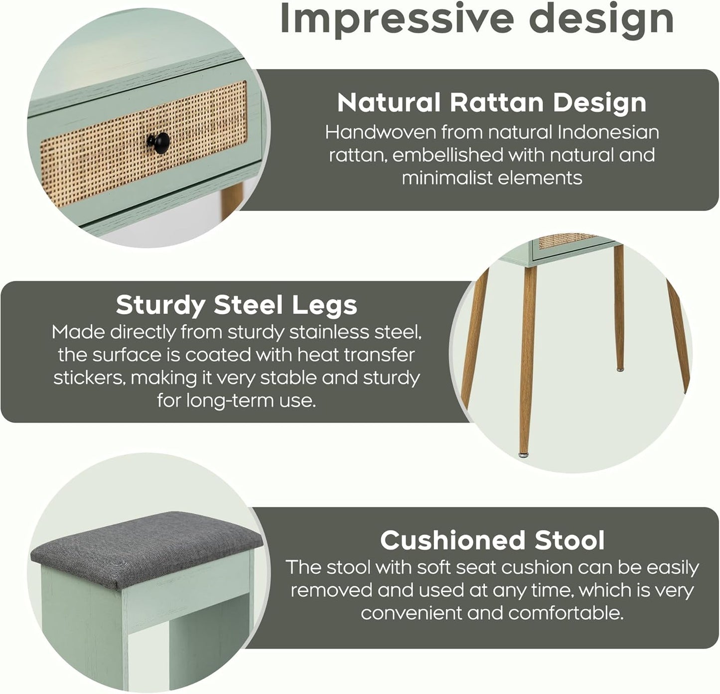 Brafabhome Vintage Boho Vanity Table Set with Adjustable Lighted Mirror and Stool, Modern Dressing Table Set with Drawers and Storage Shelves for Makeup Room Bedroom | Green