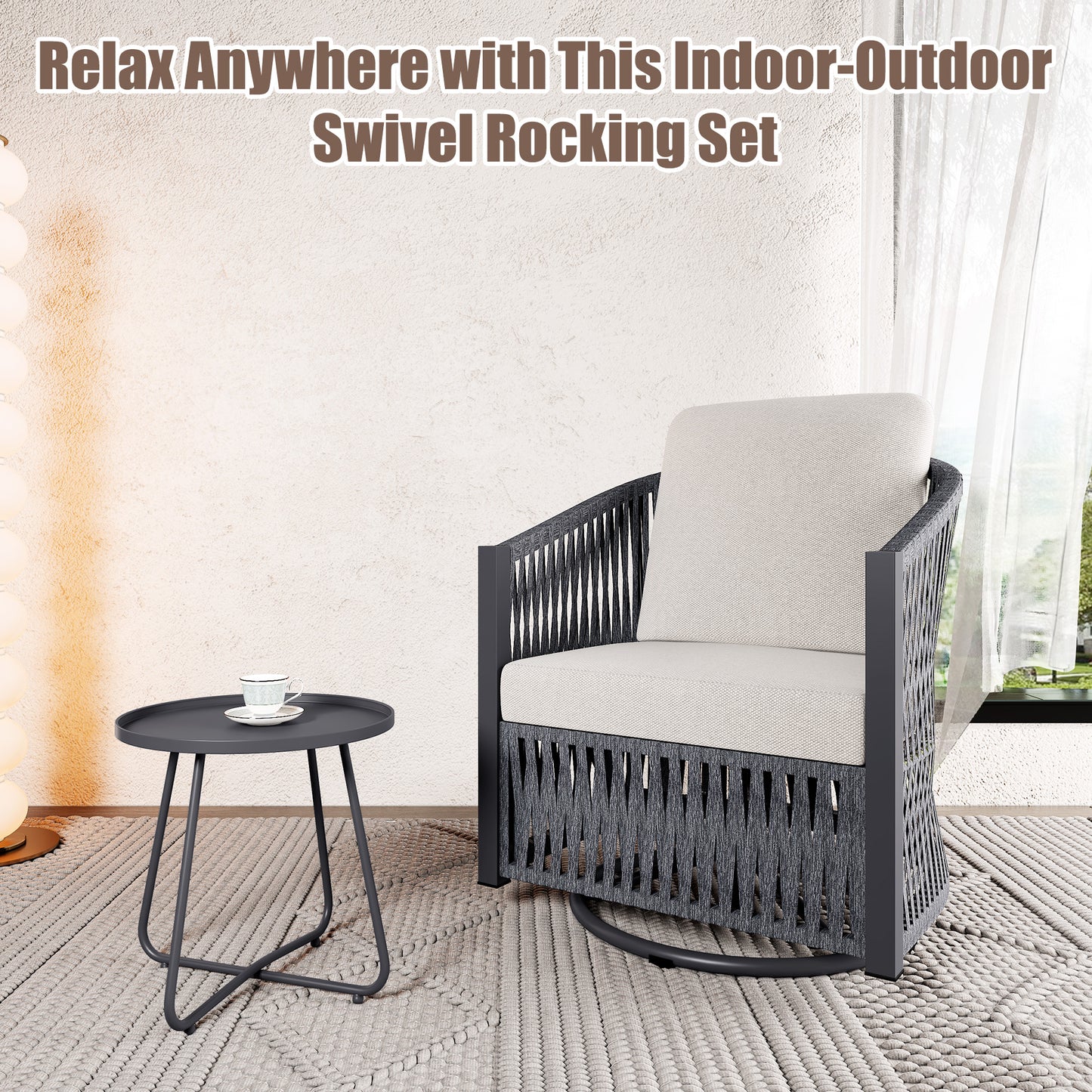 Brafabhome 2 Pieces Patio Furniture Set, Outdoor Swivel Gliders Rocker with Metal Side Table, Wicker Patio Bistro Set for Balcony Porch Deck Backyard | Gray