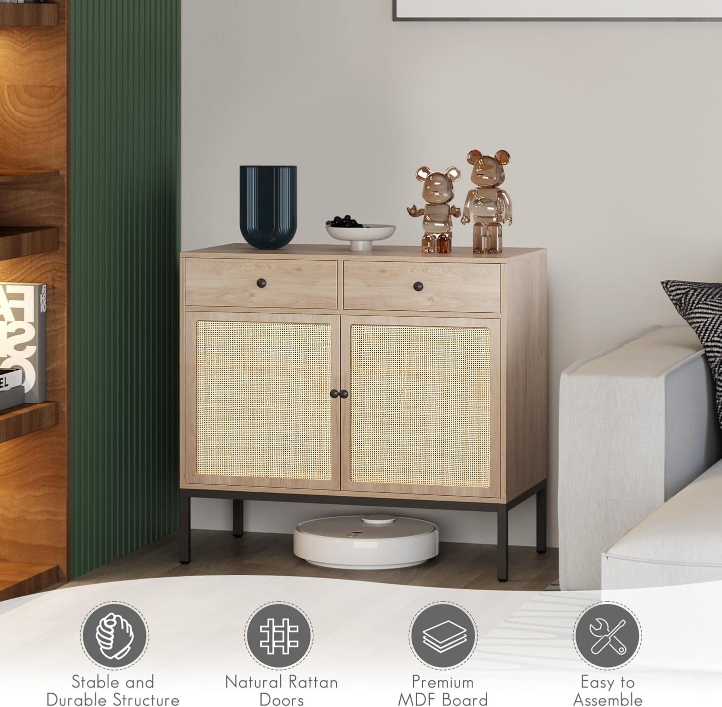 Brafabhome Sideboard Storage Cabinet with Handmade Natural Rattan Doors, Buffet Cabinet with Storage, for Living Room, Dining Room, Entryway, Kitchen