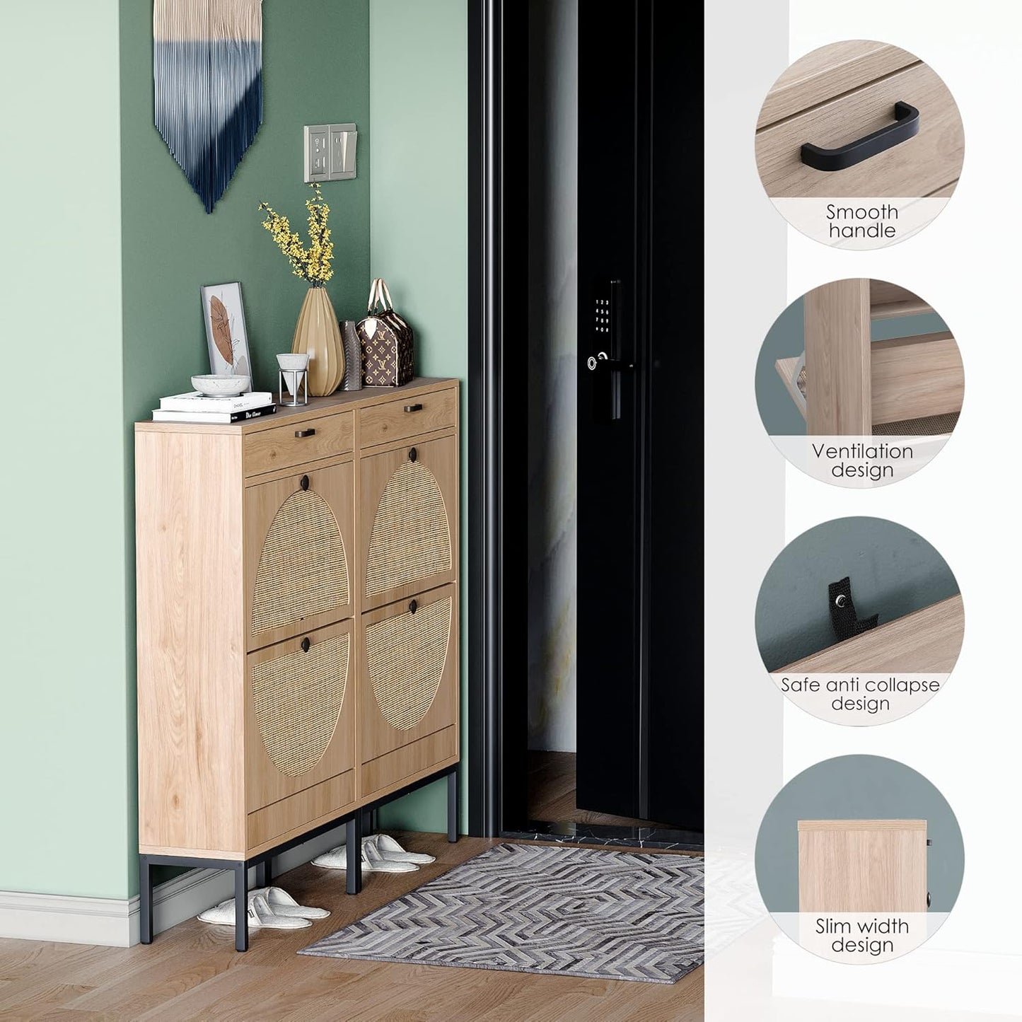 Wooden Entryway Storage Shoe Cabinet with Rattan Doors