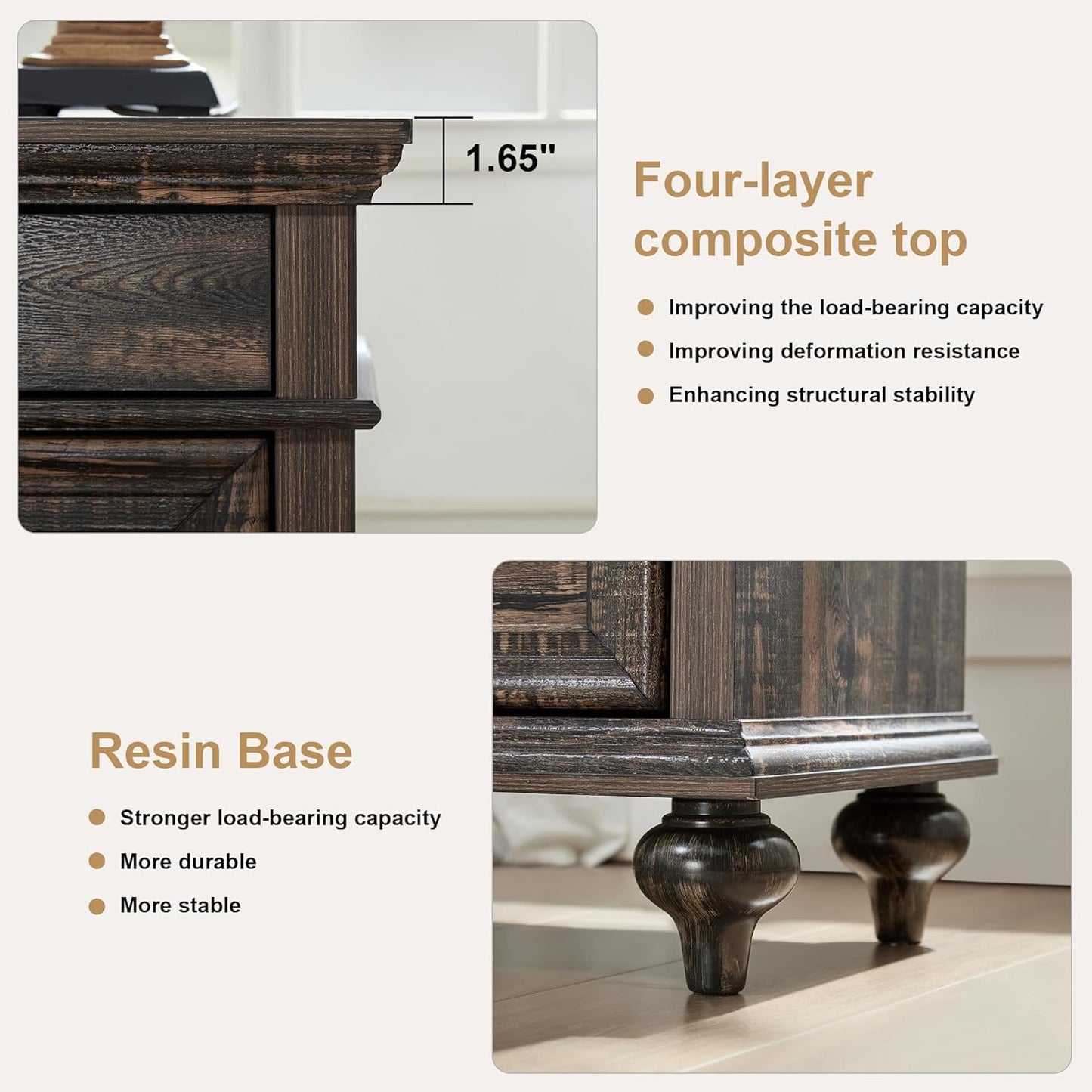 3 Drawers Farmhouse Rustic Thickened Wood Nightstands