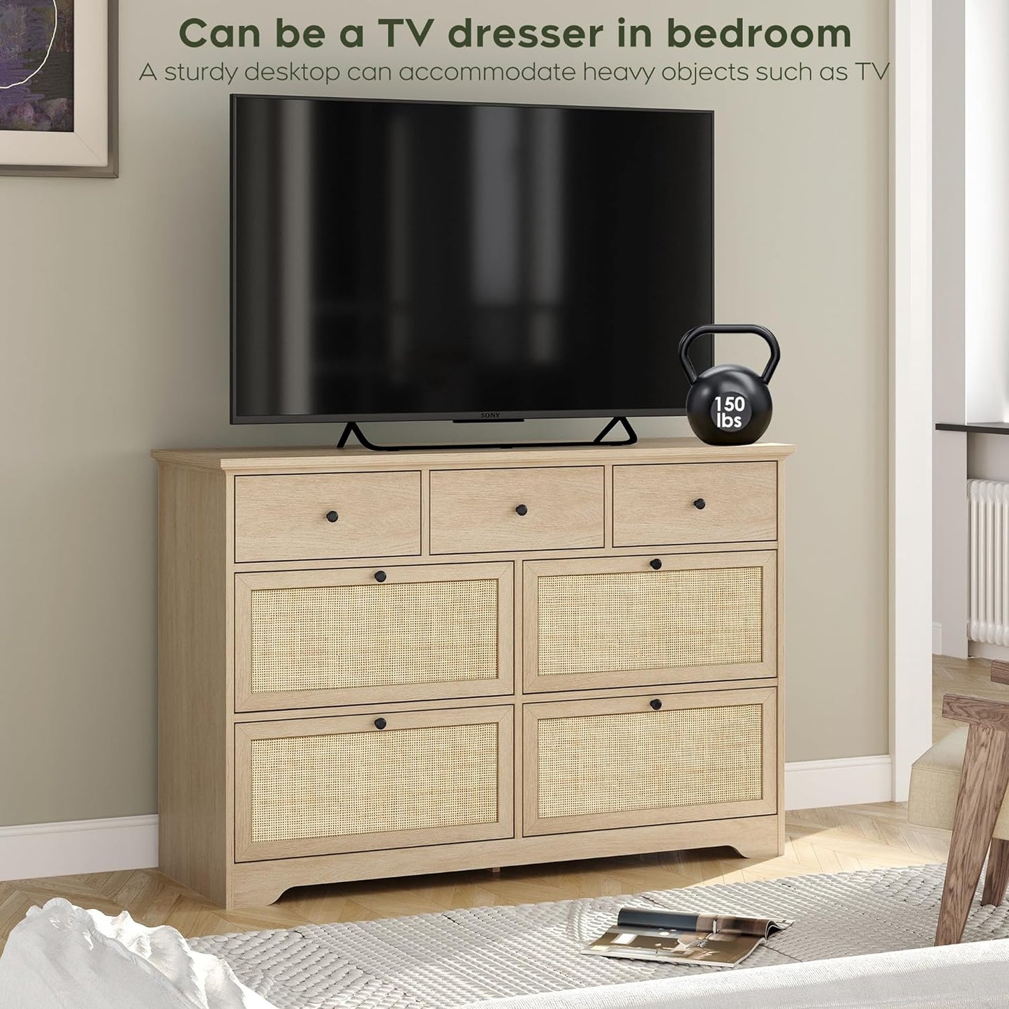 Brafabhome 7 Drawers Natural Rattan Dresser TV Stand Wooden Cane Dressers for Bedroom