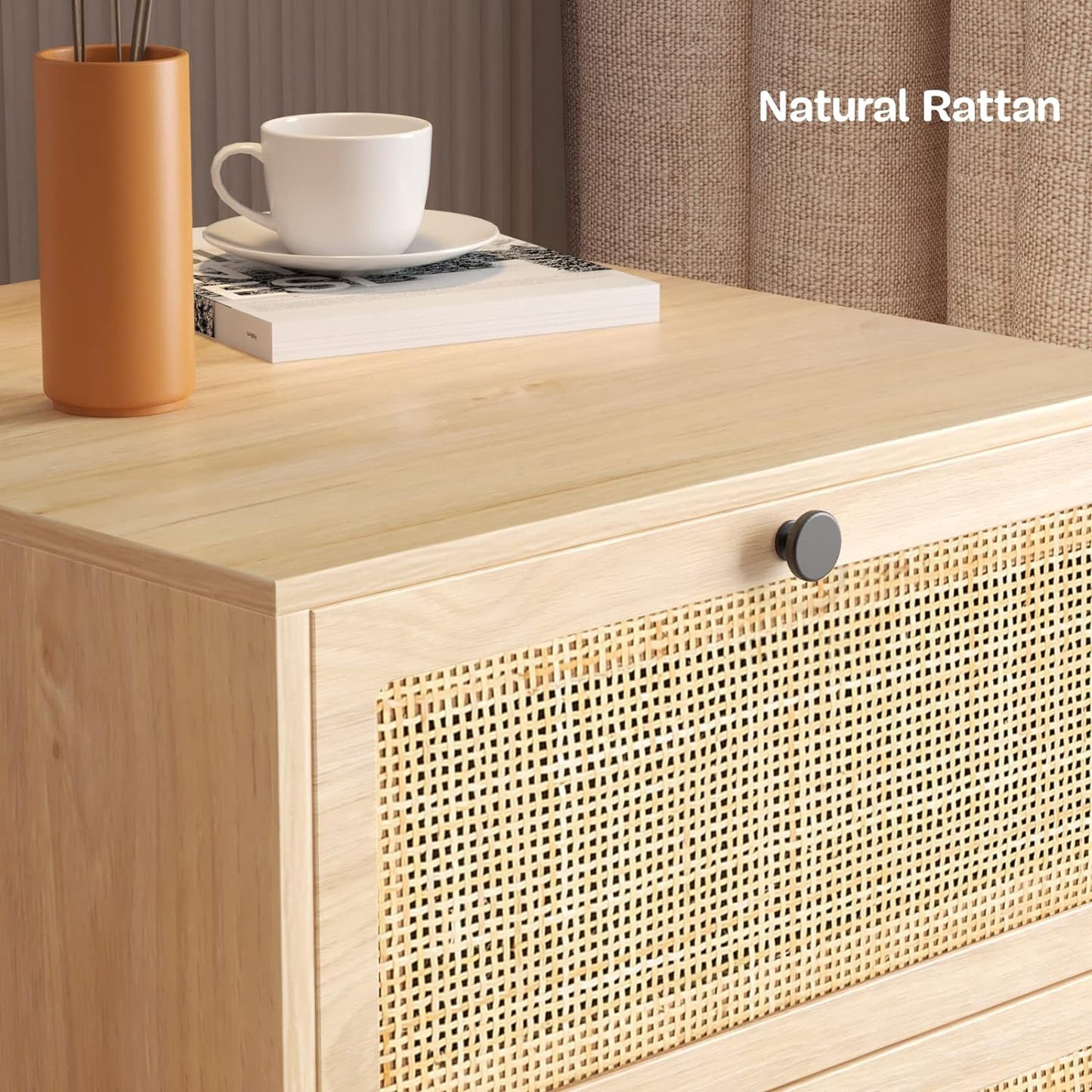 brafabhome Bohemian Rattan Nightstand Set of 2, Wood Bedside Table with Drawers for Bedroom Living Room, Beige
