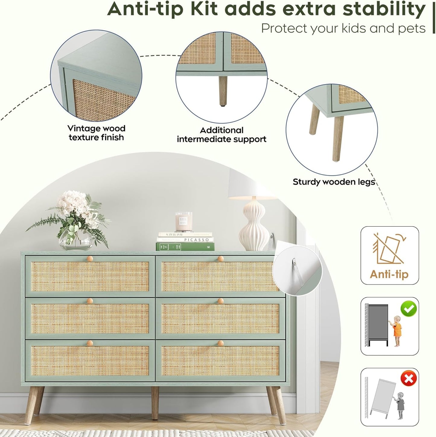 Brafabhome Mid-Century Modern Dresser with Hand-Woven Natural Rattan, Vintage Green Boho 6 Drawer Double Dresser with Wooden Legs