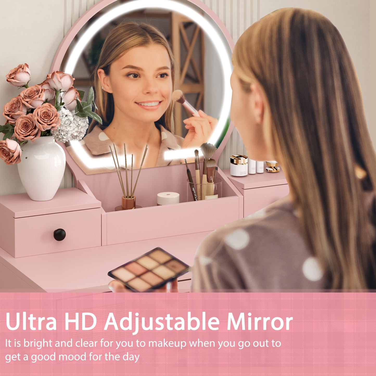 Brafabhome Vintage Boho Vanity Table Set with Adjustable Lighted Mirror and Stool, Modern Dressing Table Set with Drawers and Storage Shelves for Makeup Room Bedroom | Green